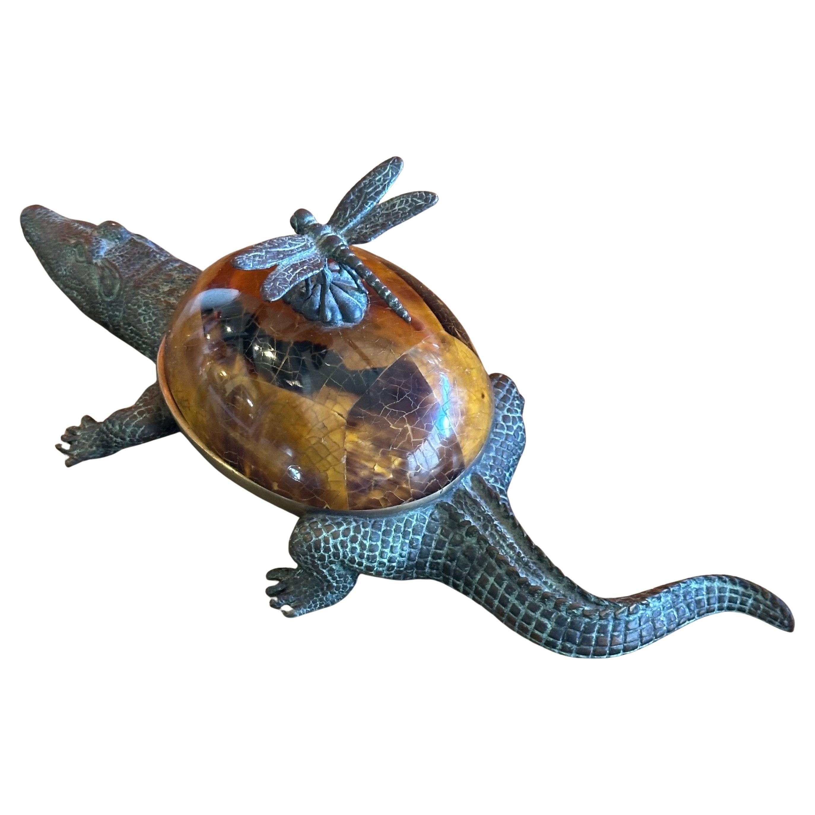 Bronze, Brass 
Tiger Penshell Crocodile Box / Sculpture by Maitland Smith For Sale