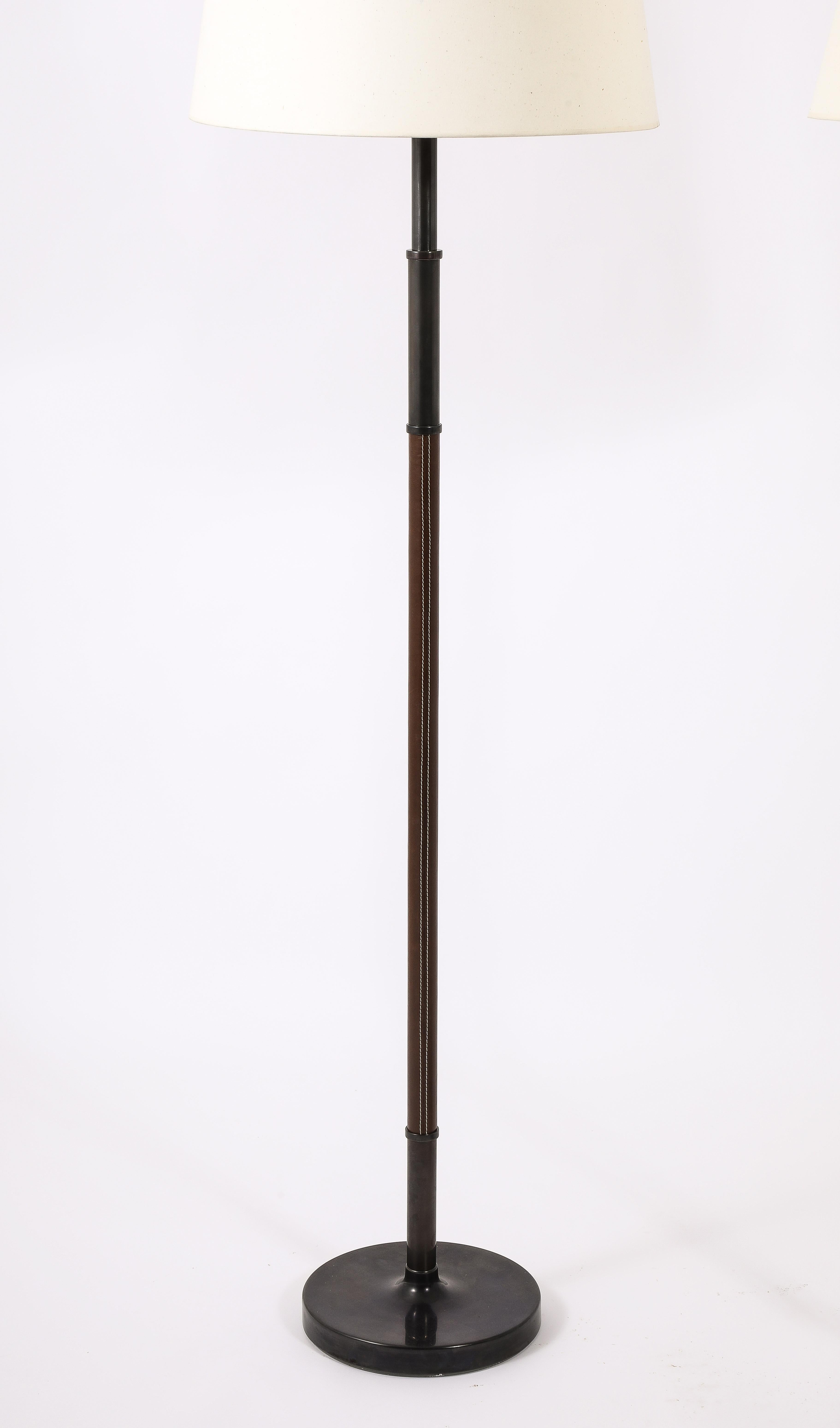 Mid-Century Modern Bronze & Brown Leather Floor Lamps by Metalarte, Spain 1950's