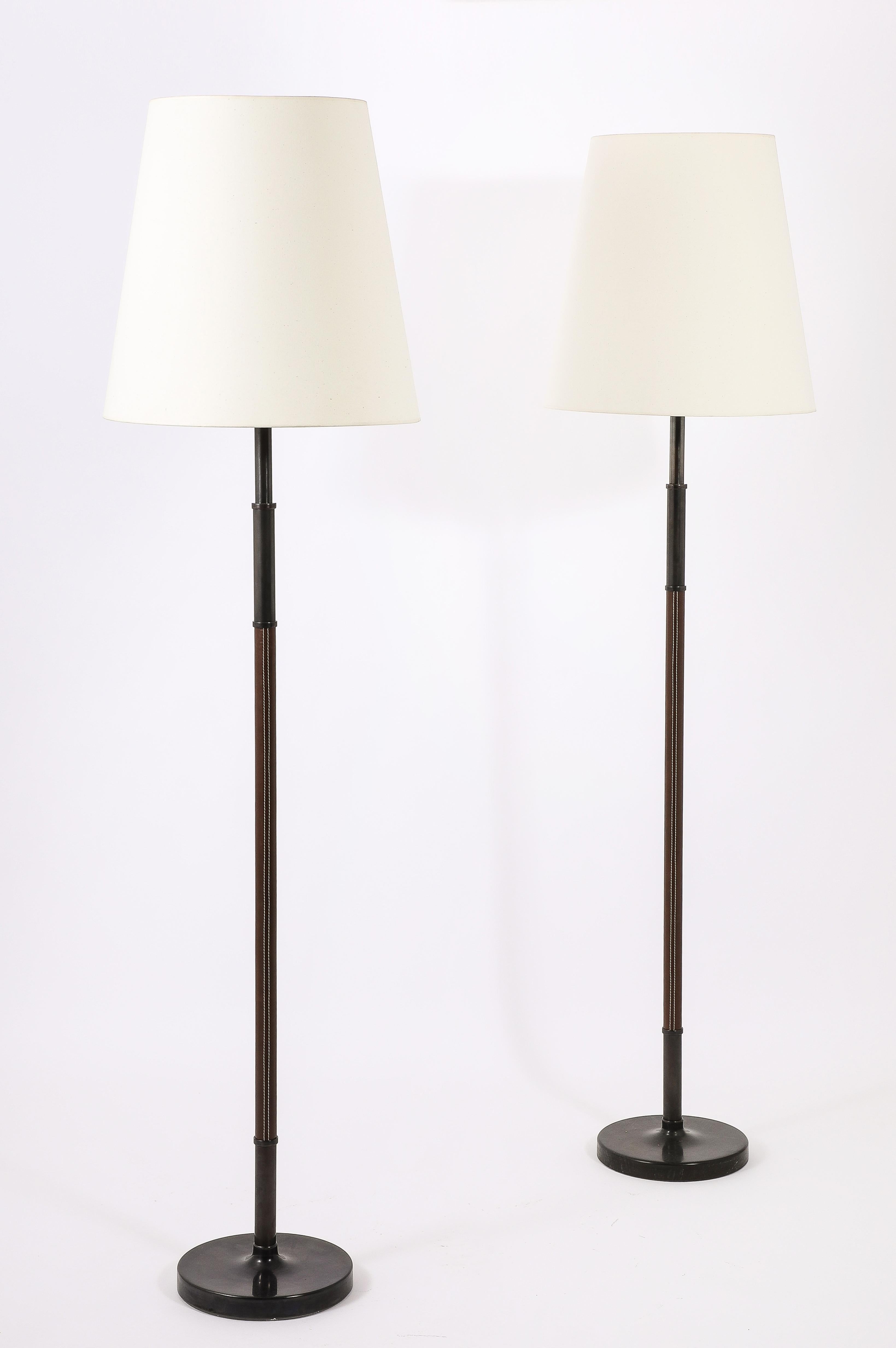 Bronze & Brown Leather Floor Lamps by Metalarte, Spain 1950's In Fair Condition In New York, NY