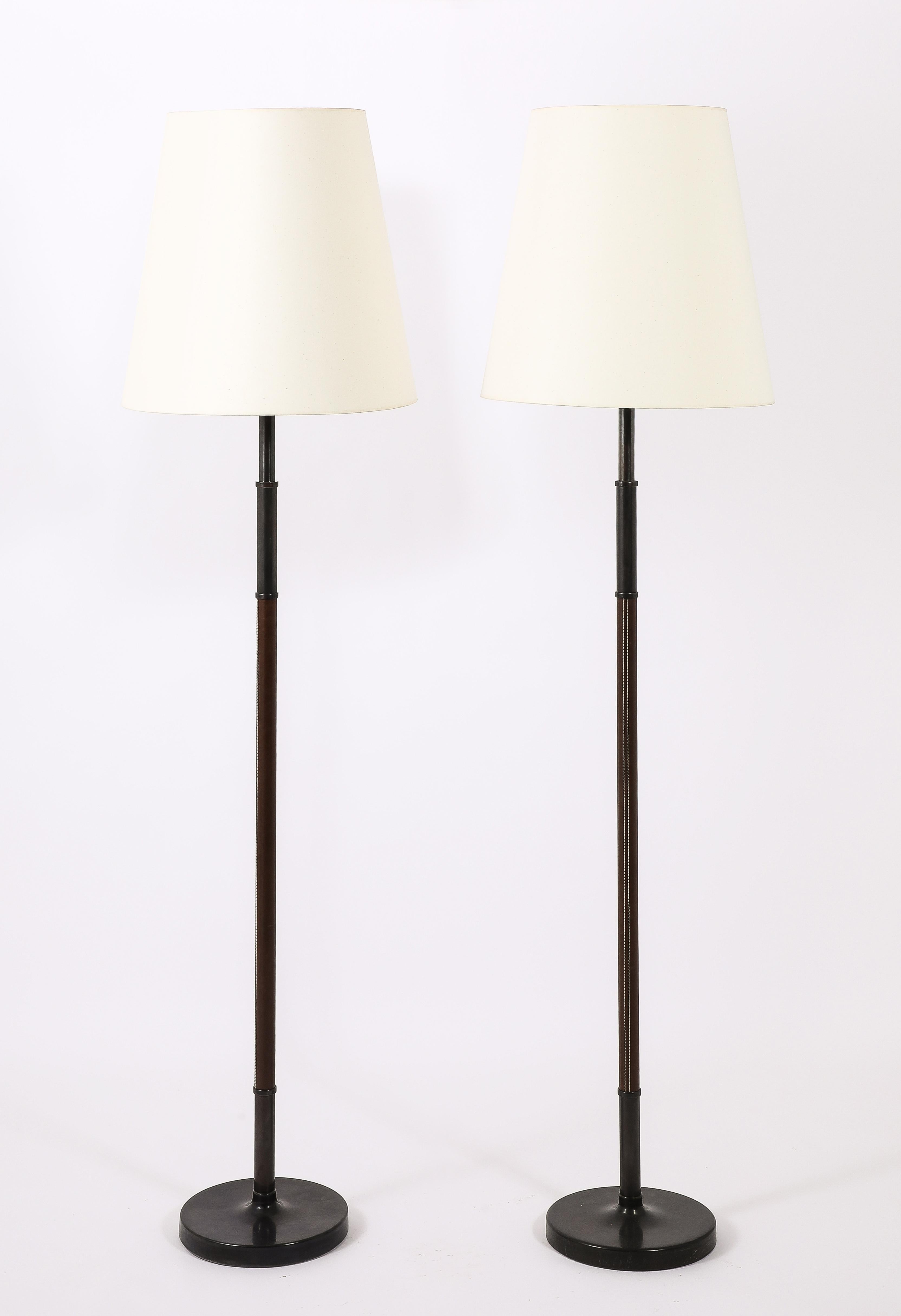 20th Century Bronze & Brown Leather Floor Lamps by Metalarte, Spain 1950's