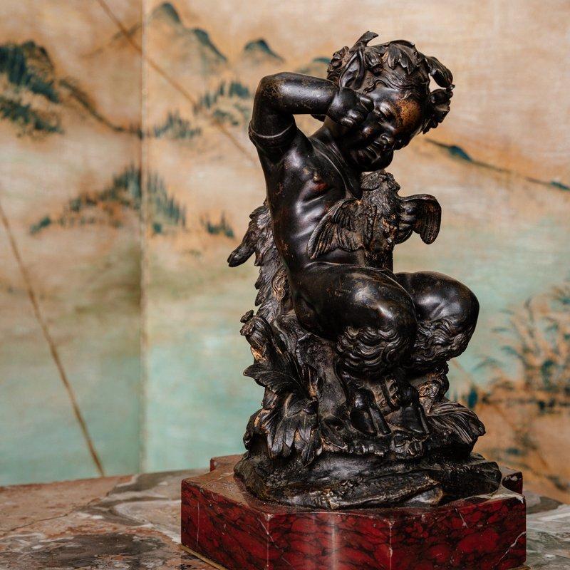 Bronze, Brown Patina, Faun with Owls Against a Red Marble Base, 19th Century For Sale 1