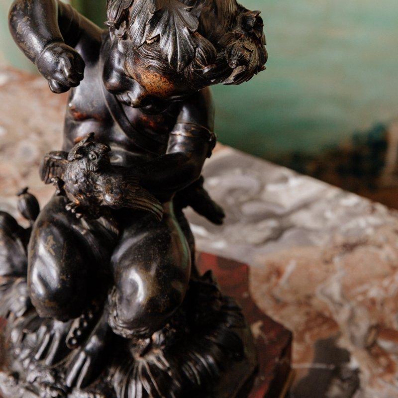 Bronze, Brown Patina, Faun with Owls Against a Red Marble Base, 19th Century For Sale 2