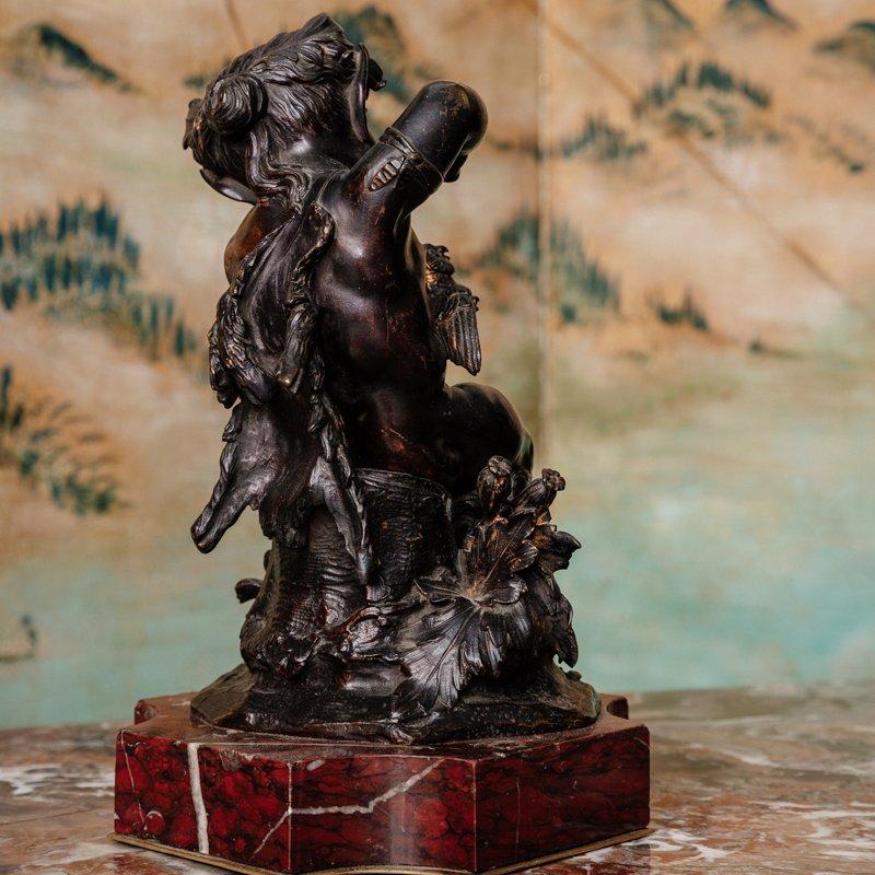 Bronze, Brown Patina, Faun with Owls Against a Red Marble Base, 19th Century For Sale 3