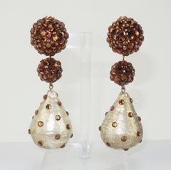 Bronze Brown Pave Crystal Drop Dangle Earrings, 1980's