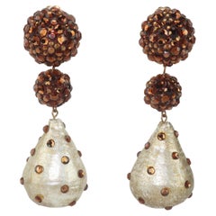 Bronze Brown Pave Crystal Drop Dangle Earrings, 1980's