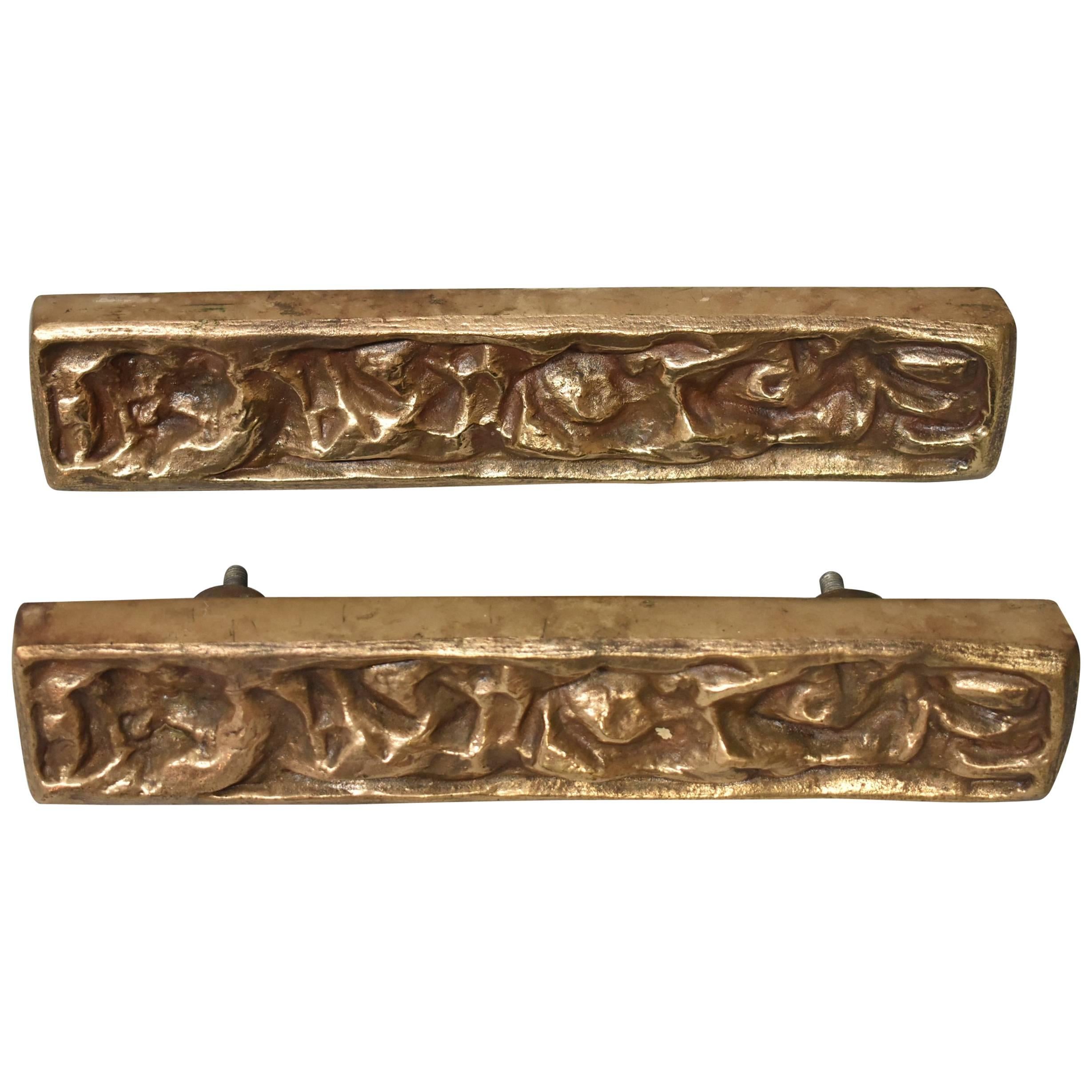 Bronze Brutalist Pair of Door Pulls Attributed Sherrill Broudy