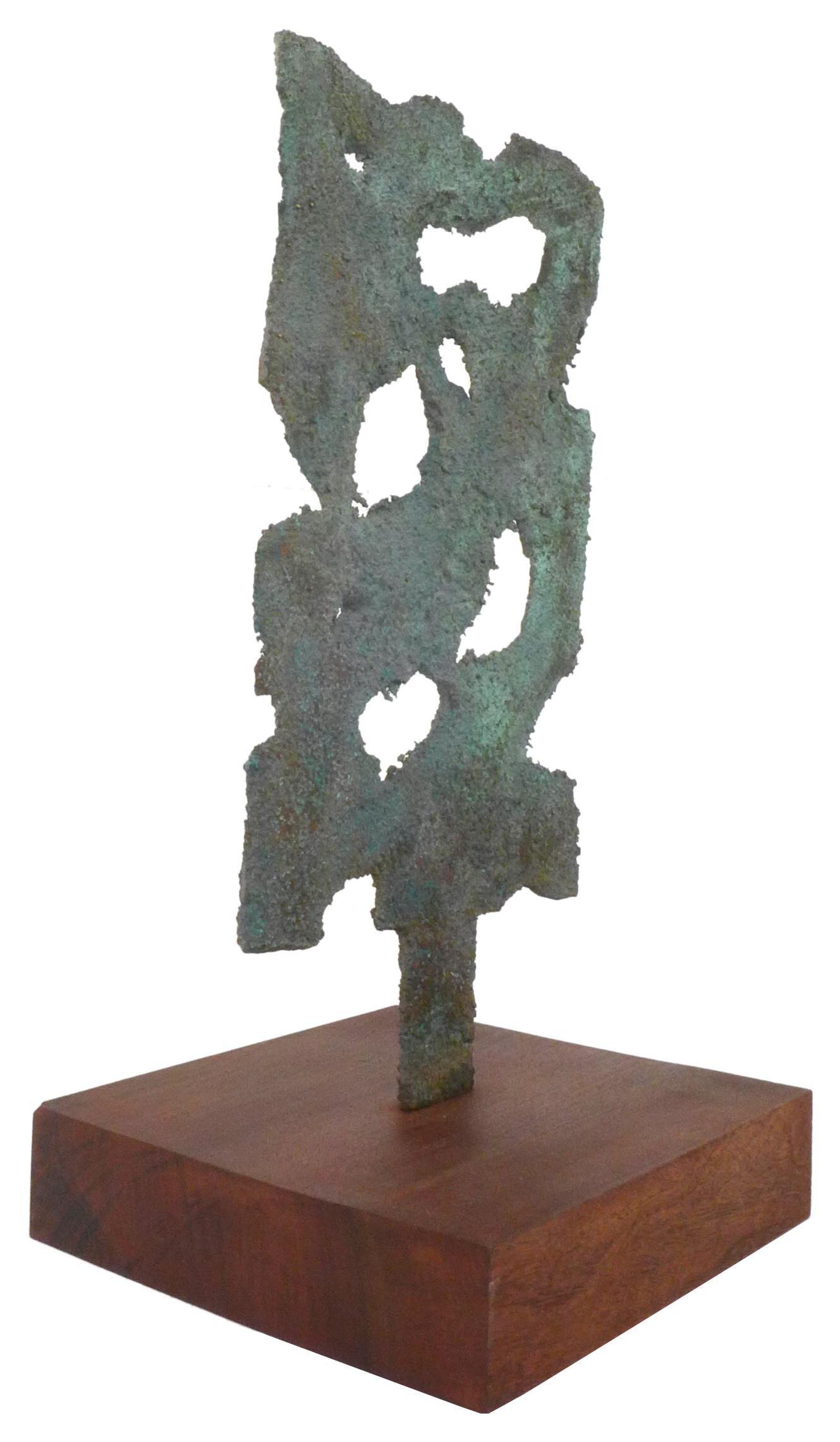 A wonderfully executed, abstract bronze sculpture, very much in the manner of Harry Bertoia. Artfully composed with organically inspired open-work, with a spectacular verdigris patina. Mounted on original, artist-made wood base and presentable from