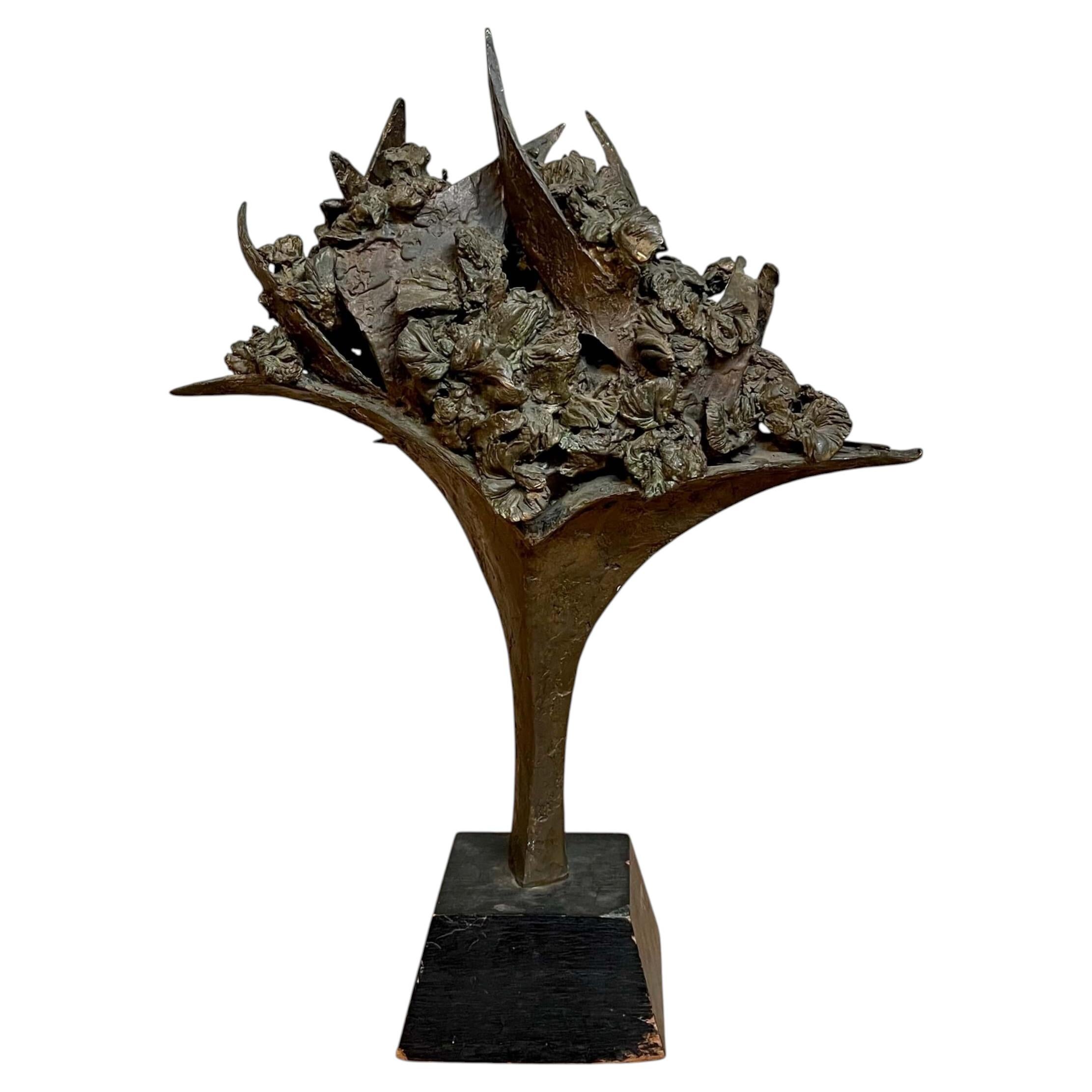 Bronze Brutalist Sculpture Stylized Bouquet of Flowers