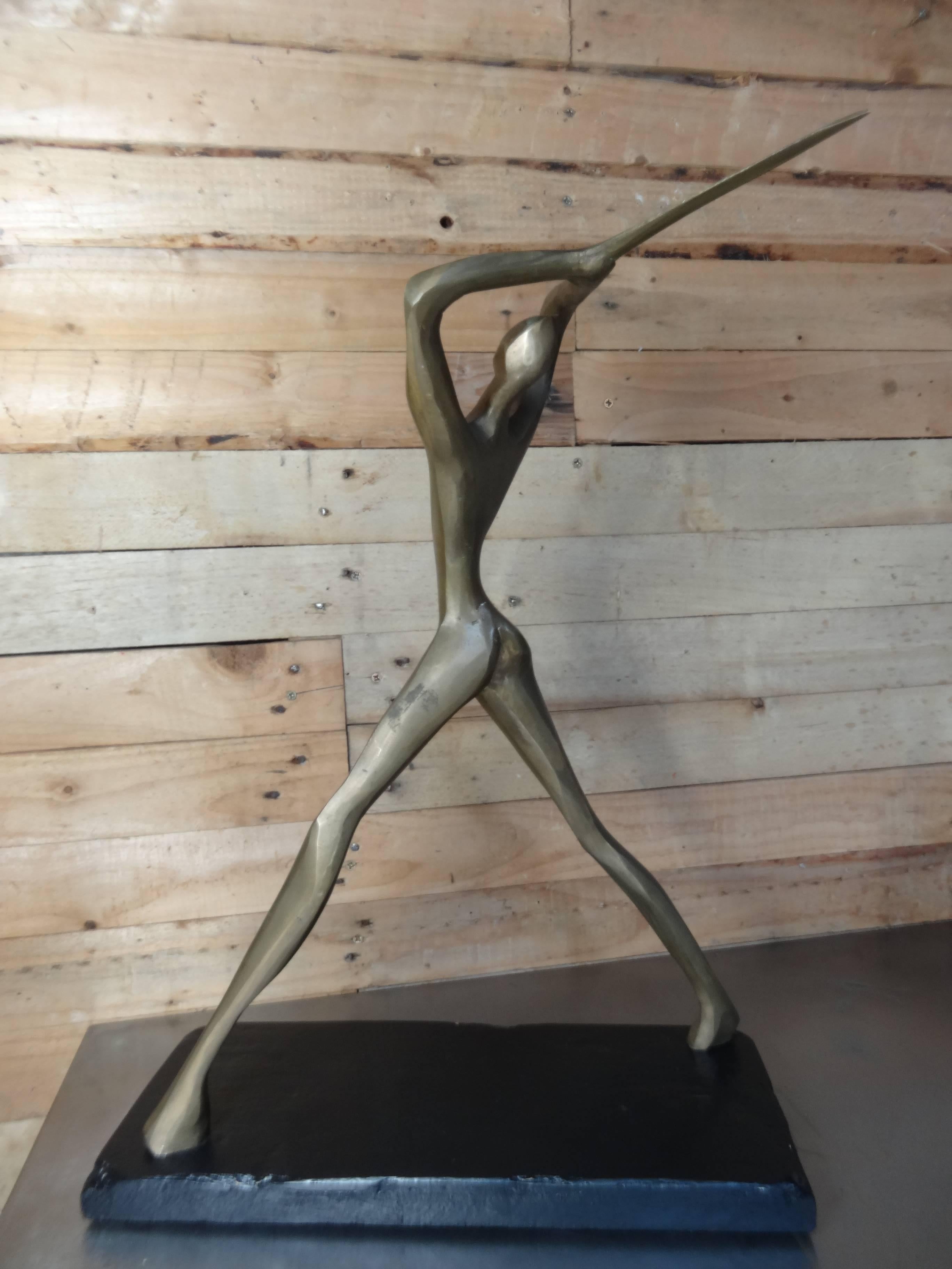French Bronze Brutalist Figurative Table Sculpture of Man with Sword For Sale
