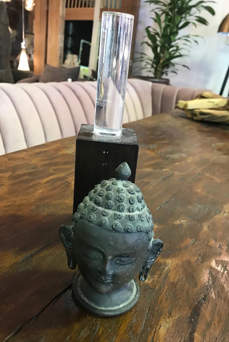 Bronze Buddha Head on Display Stand In Good Condition In Studio City, CA