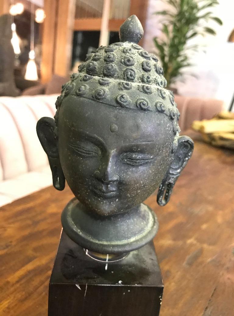 Bronze Buddha Head on Display Stand at 1stDibs