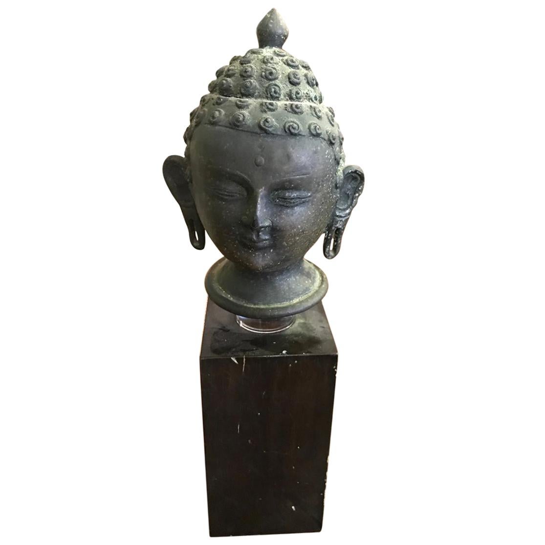 Bronze Buddha Head on Display Stand