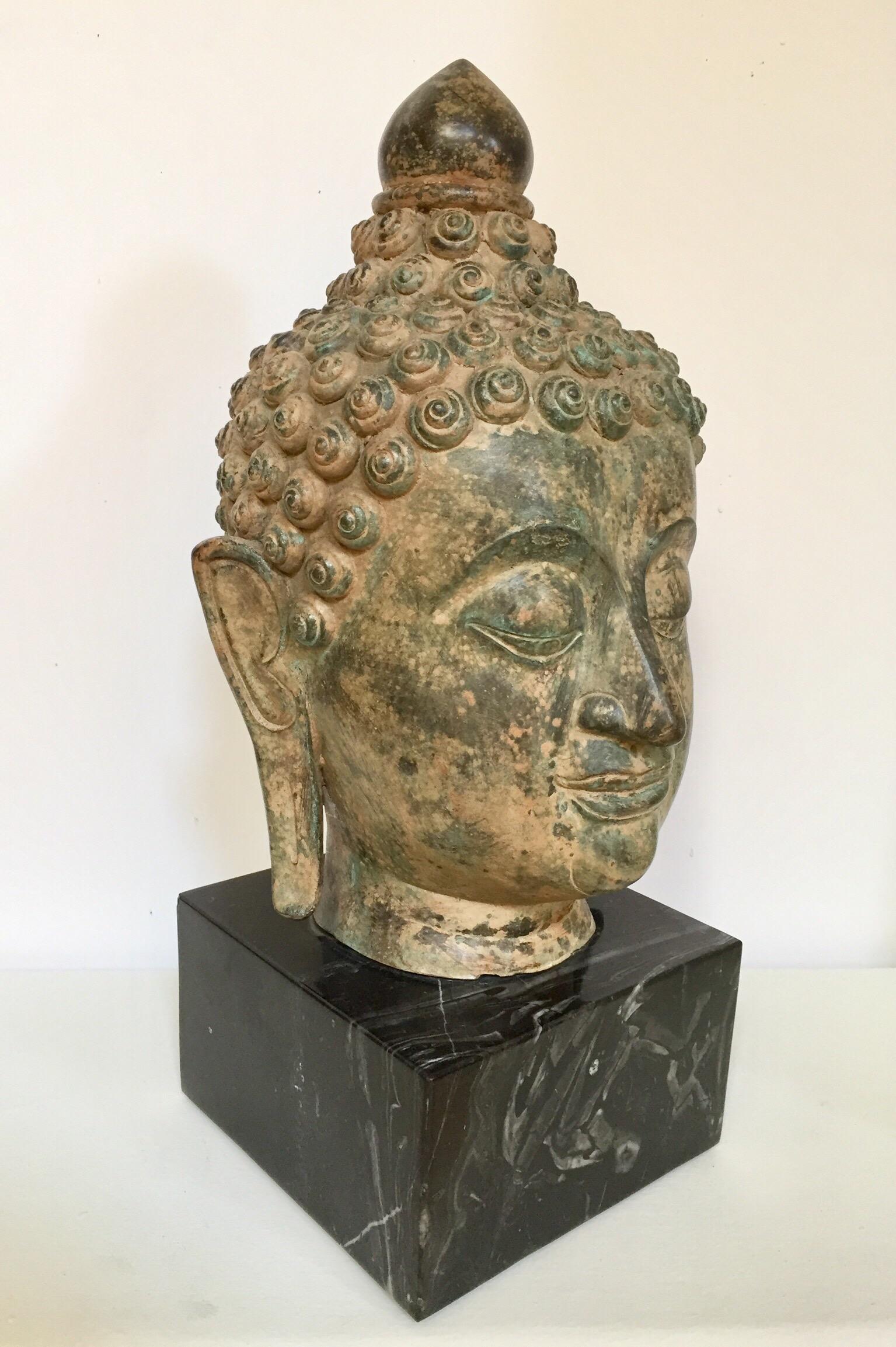 Bronze Buddha Head on Marble Stand 3