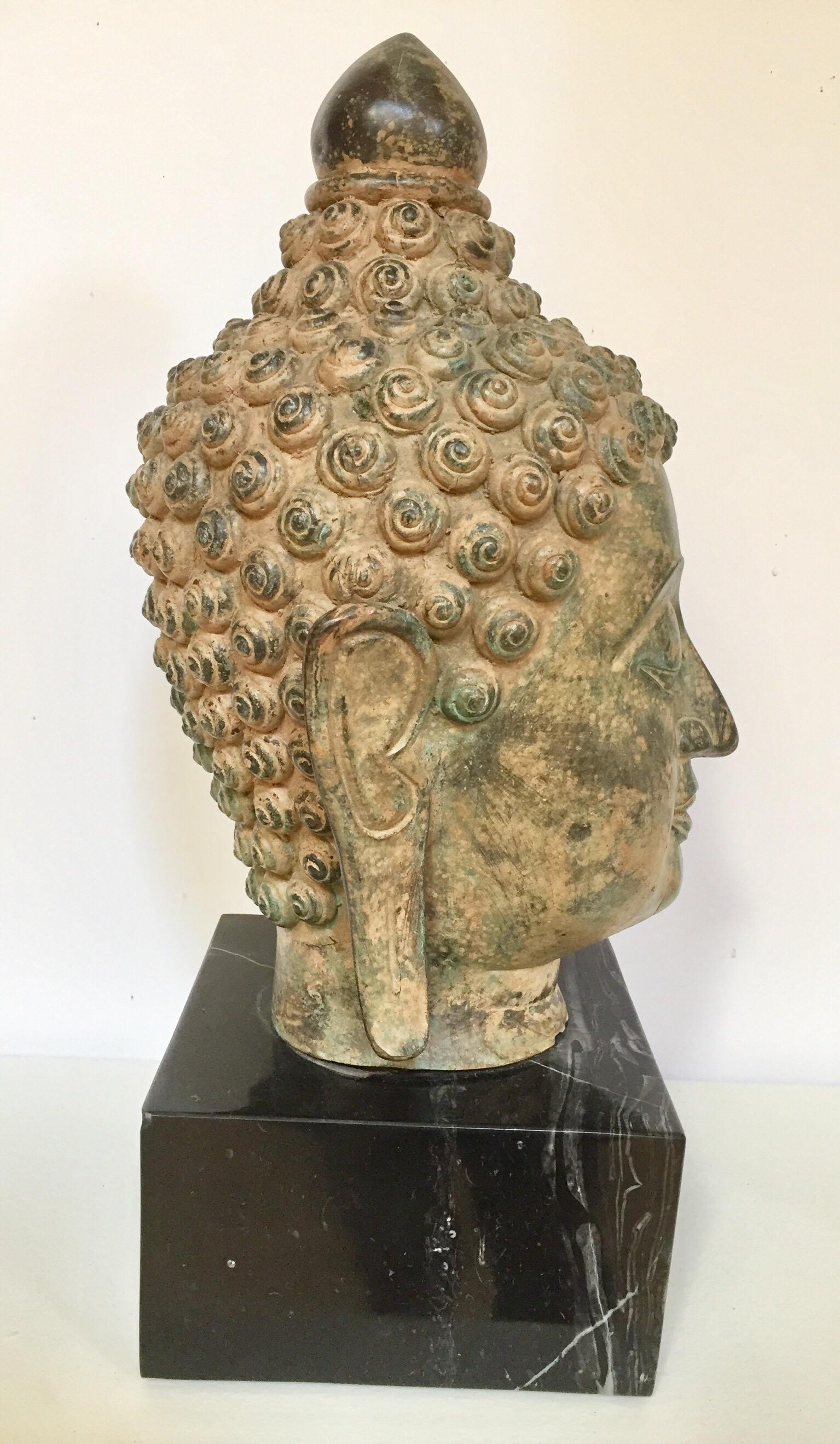 Bronze Buddha Head on Marble Stand 6