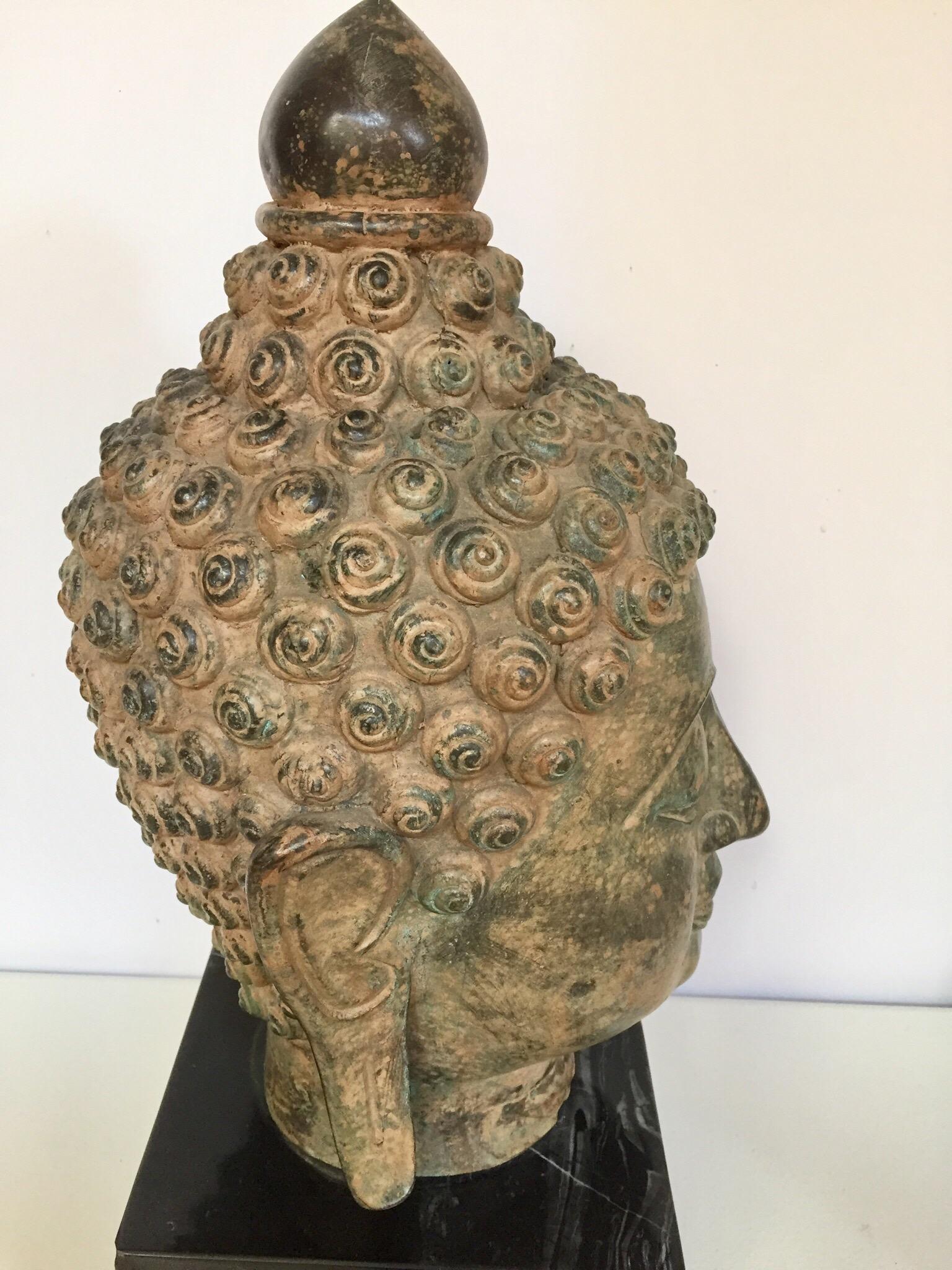 Bronze Buddha Head on Marble Stand 8