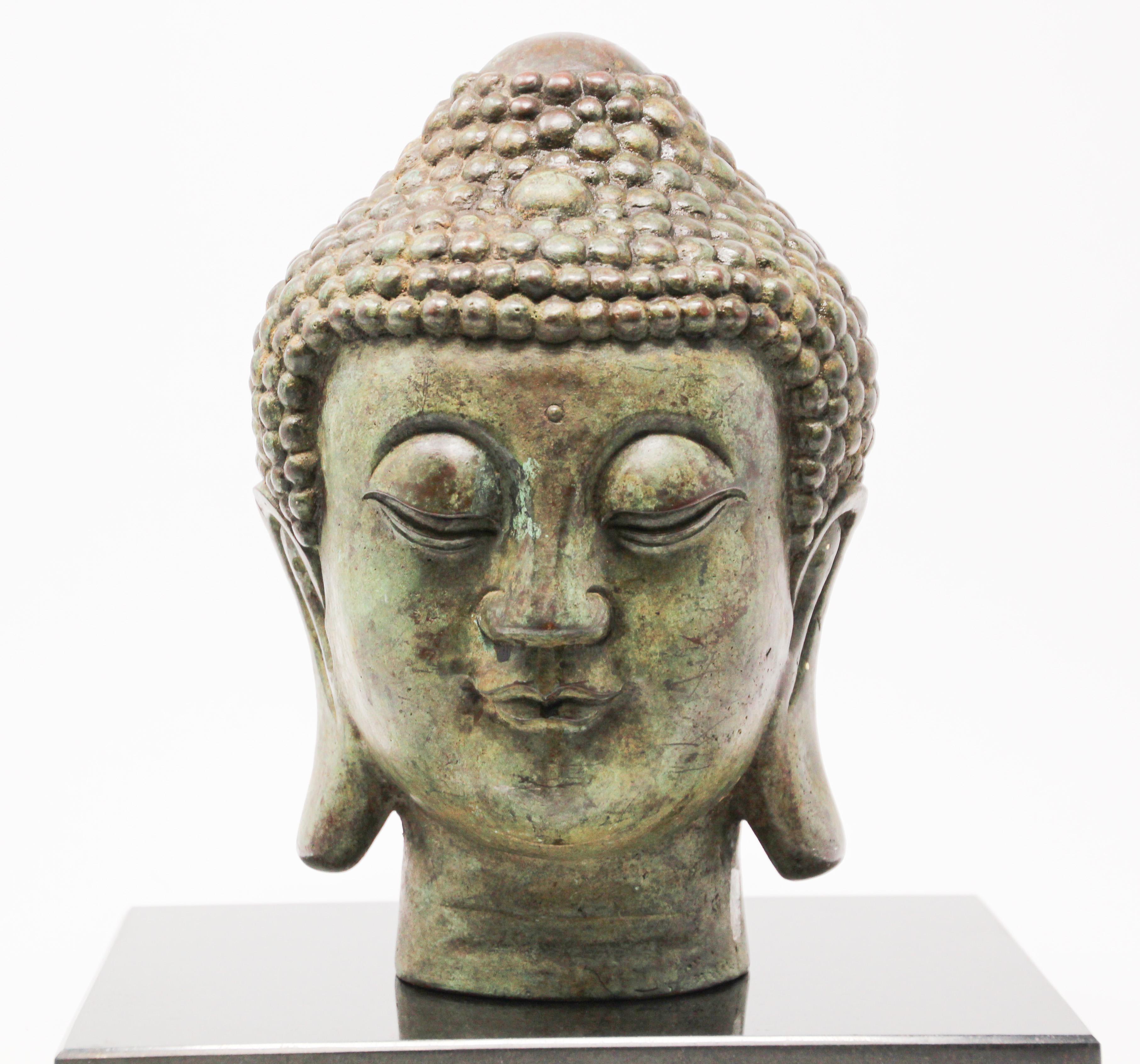 Bronze Buddha Head on Marble Stand 8
