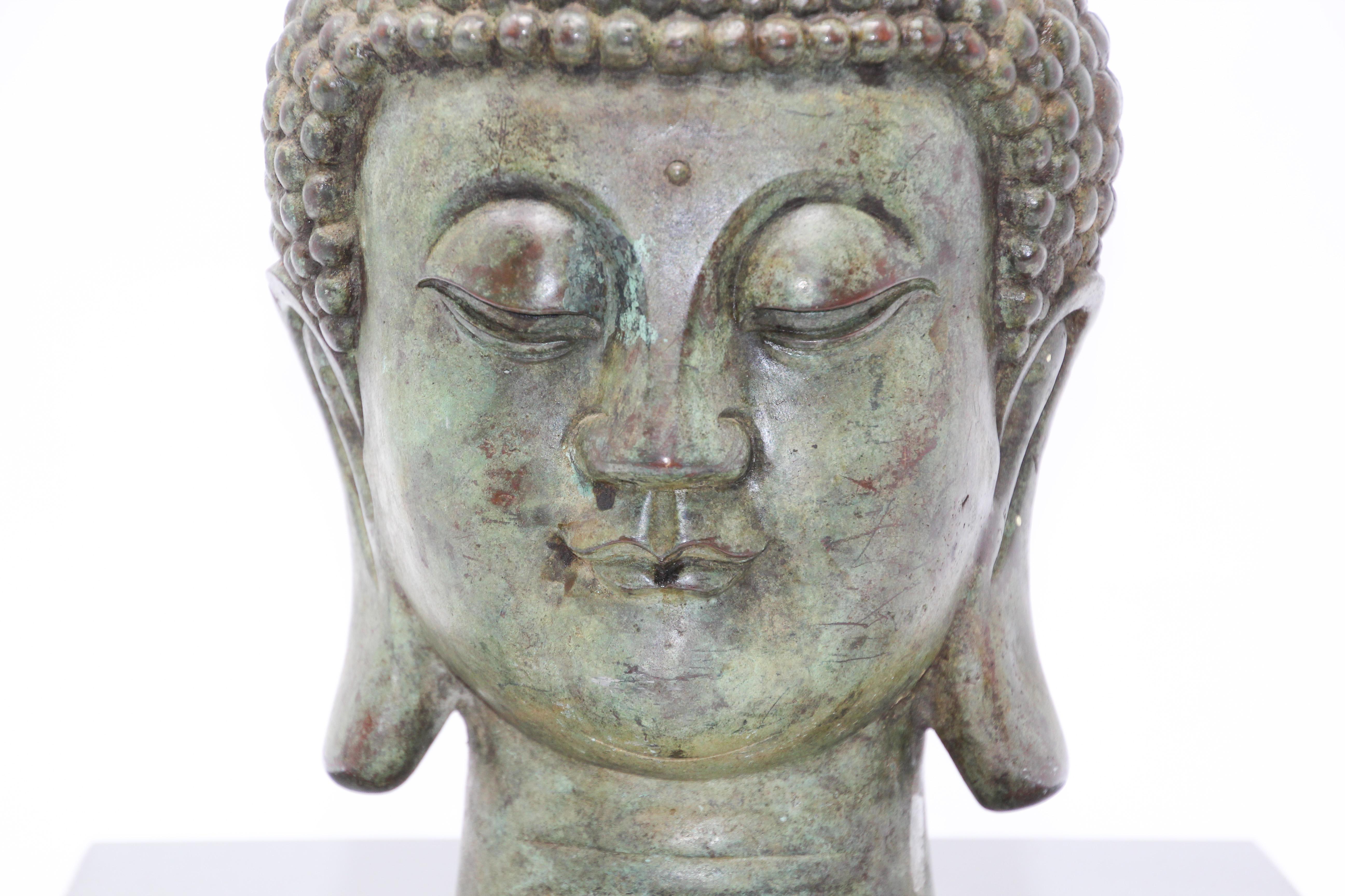 Bronze Buddha Head on Marble Stand 9