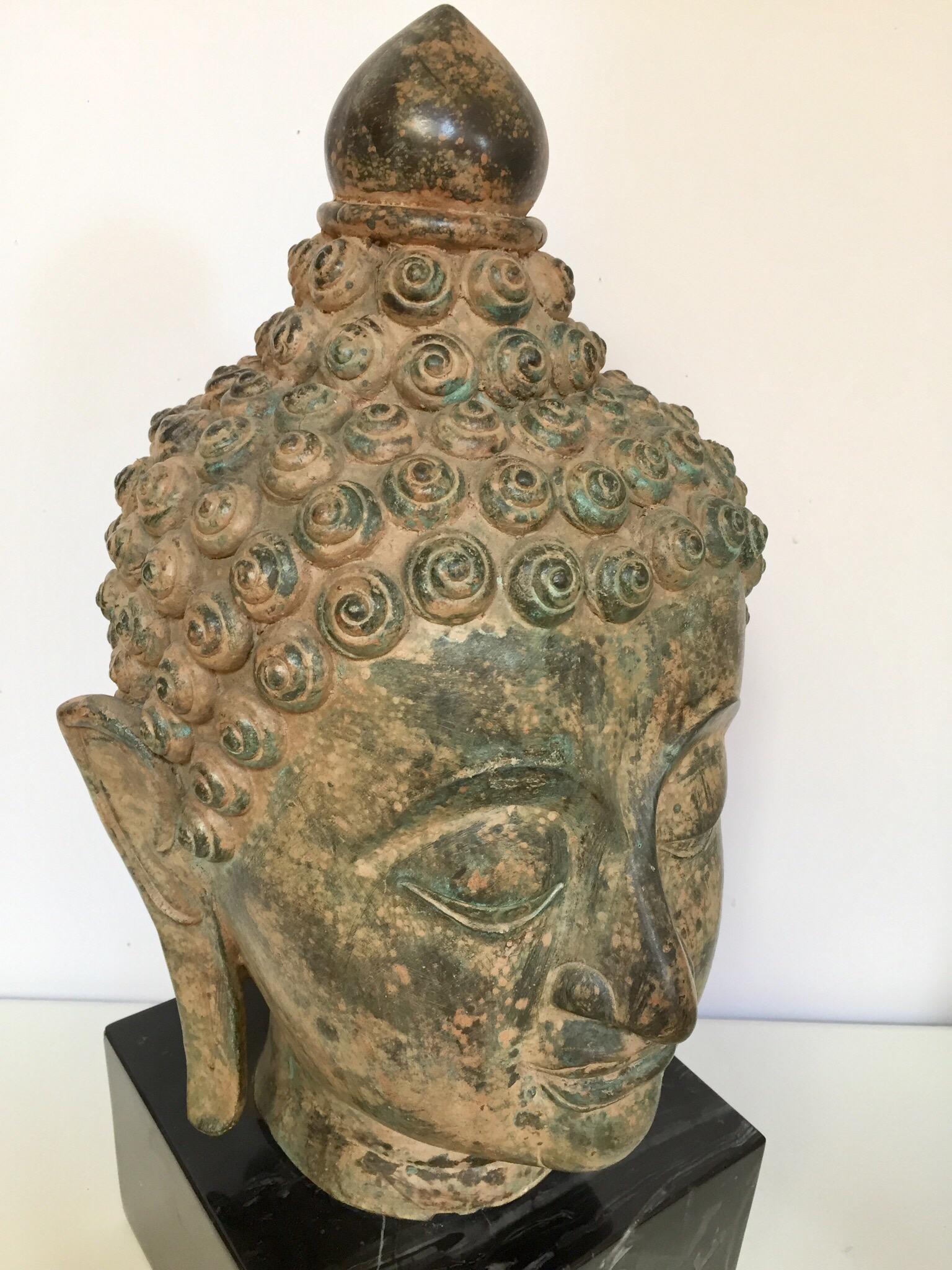 Bronze Buddha Head on Marble Stand 10