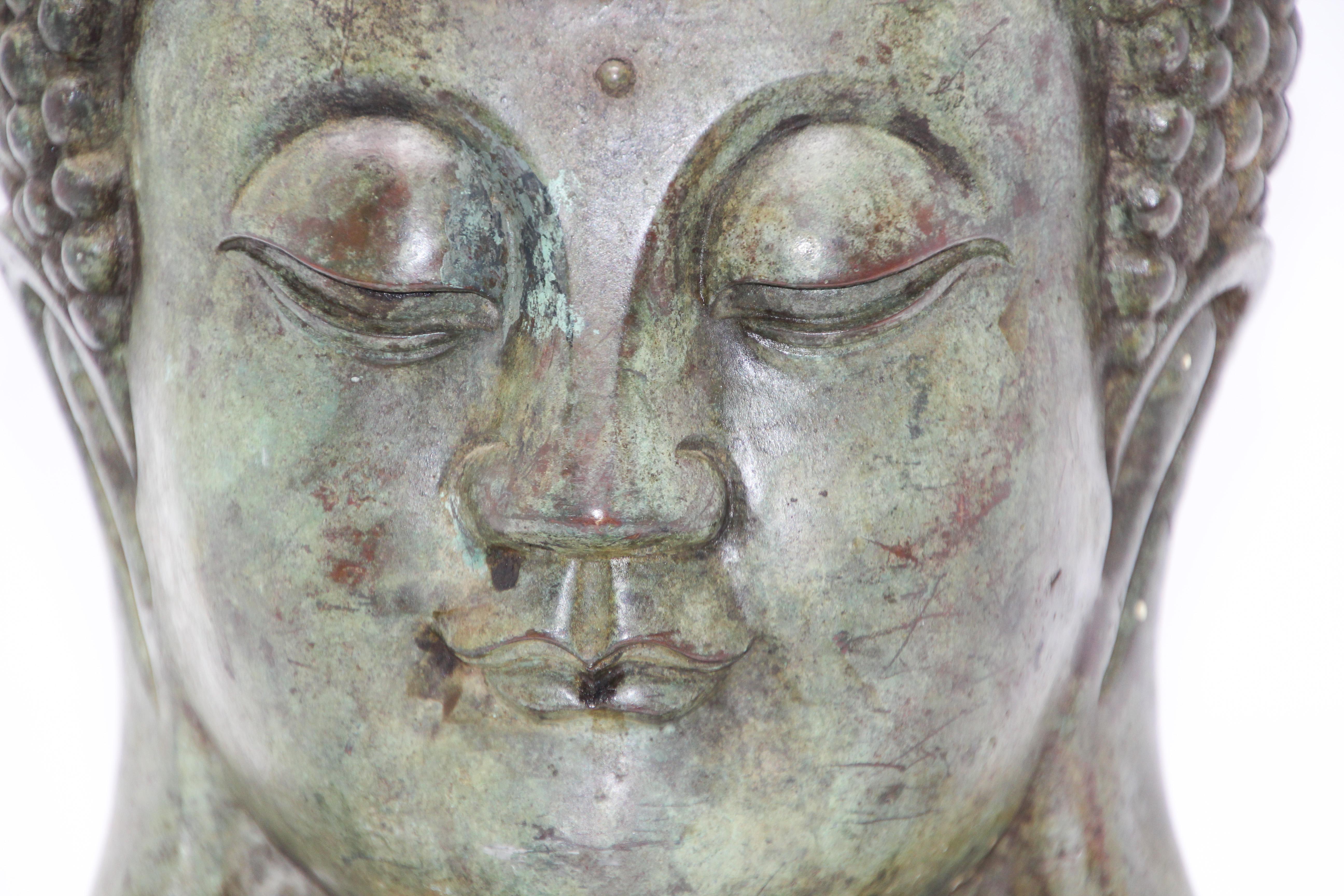 Bronze Buddha Head on Marble Stand 10