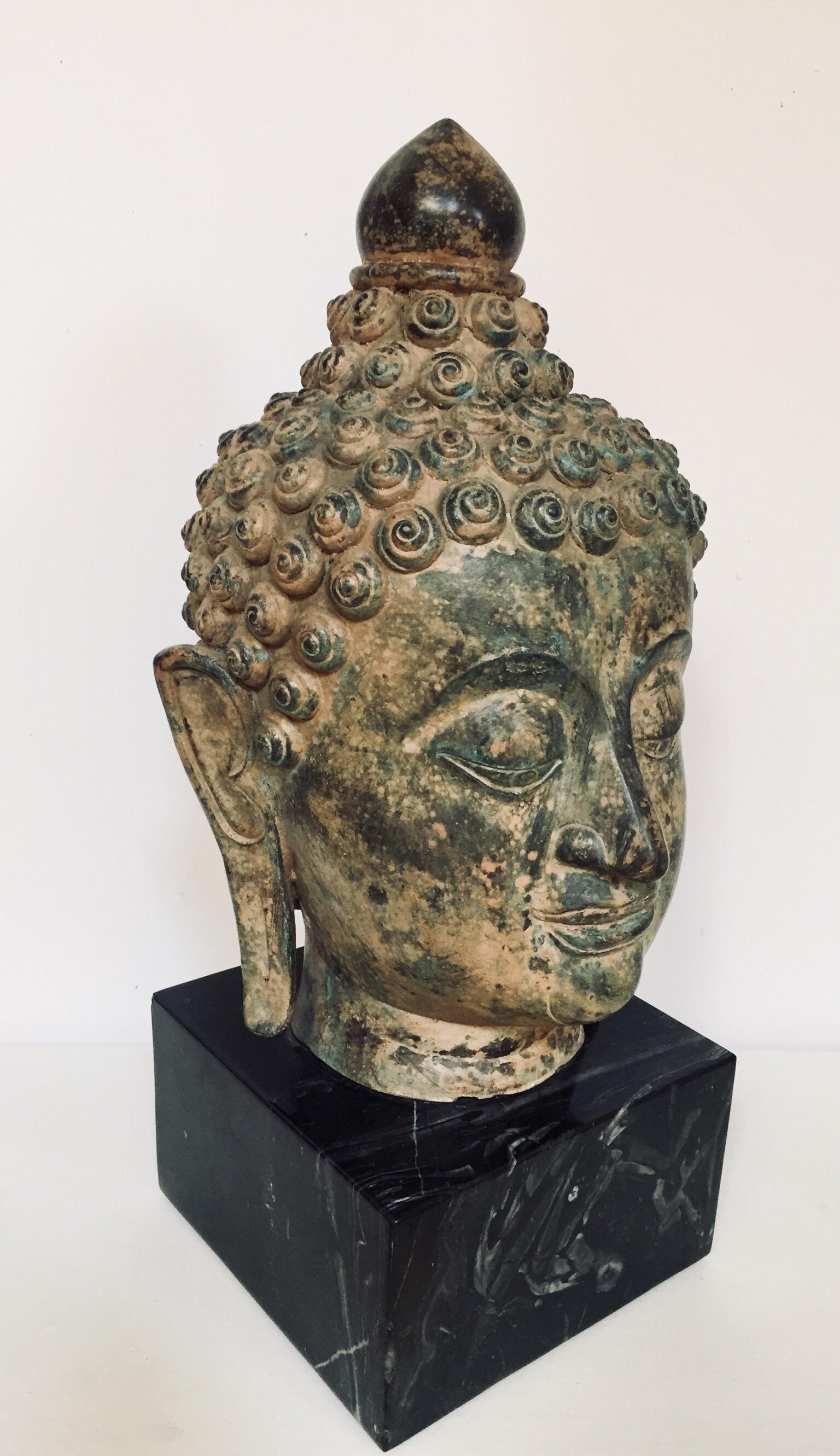 Bronze Buddha Head on Marble Stand 11