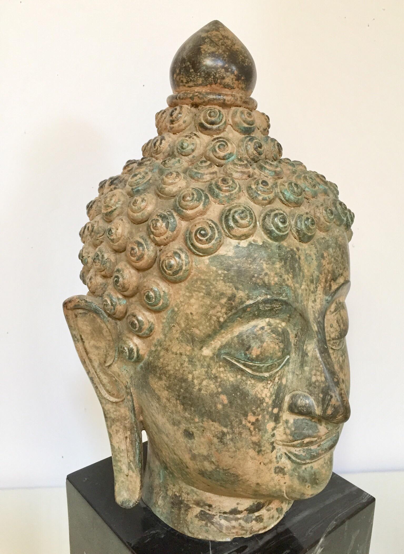 Bronze Buddha Head on Marble Stand 13