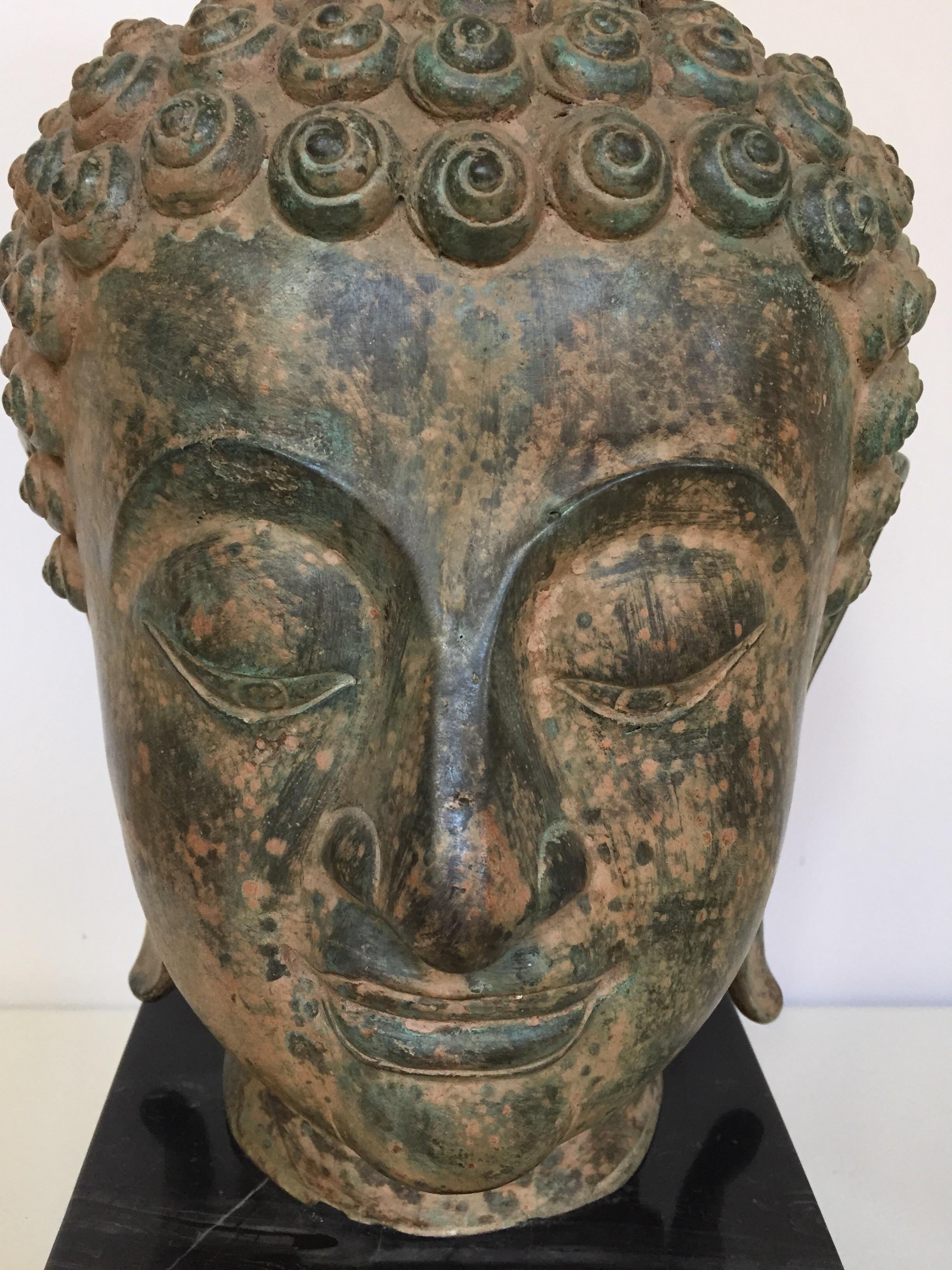 Thai Bronze Buddha Head on Marble Stand