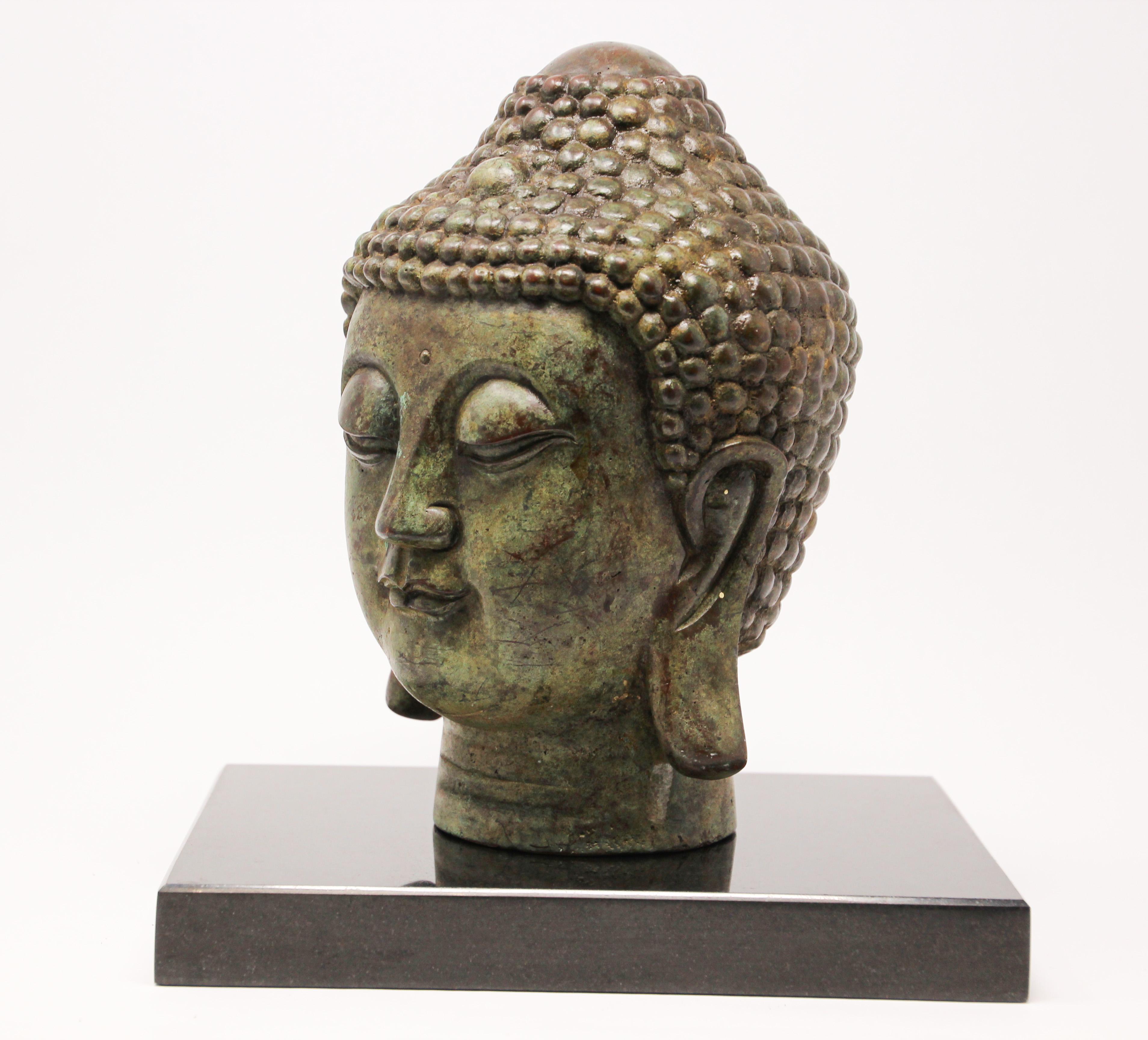 Cast Bronze Buddha Head on Marble Stand