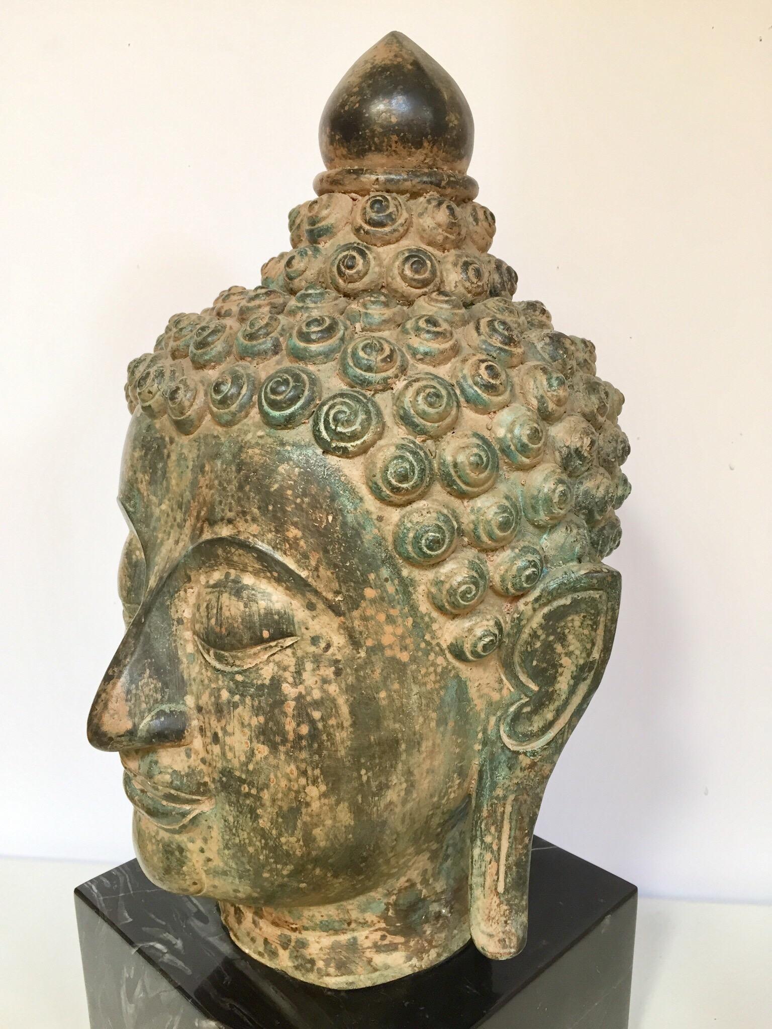 Bronze Buddha Head on Marble Stand In Good Condition In North Hollywood, CA