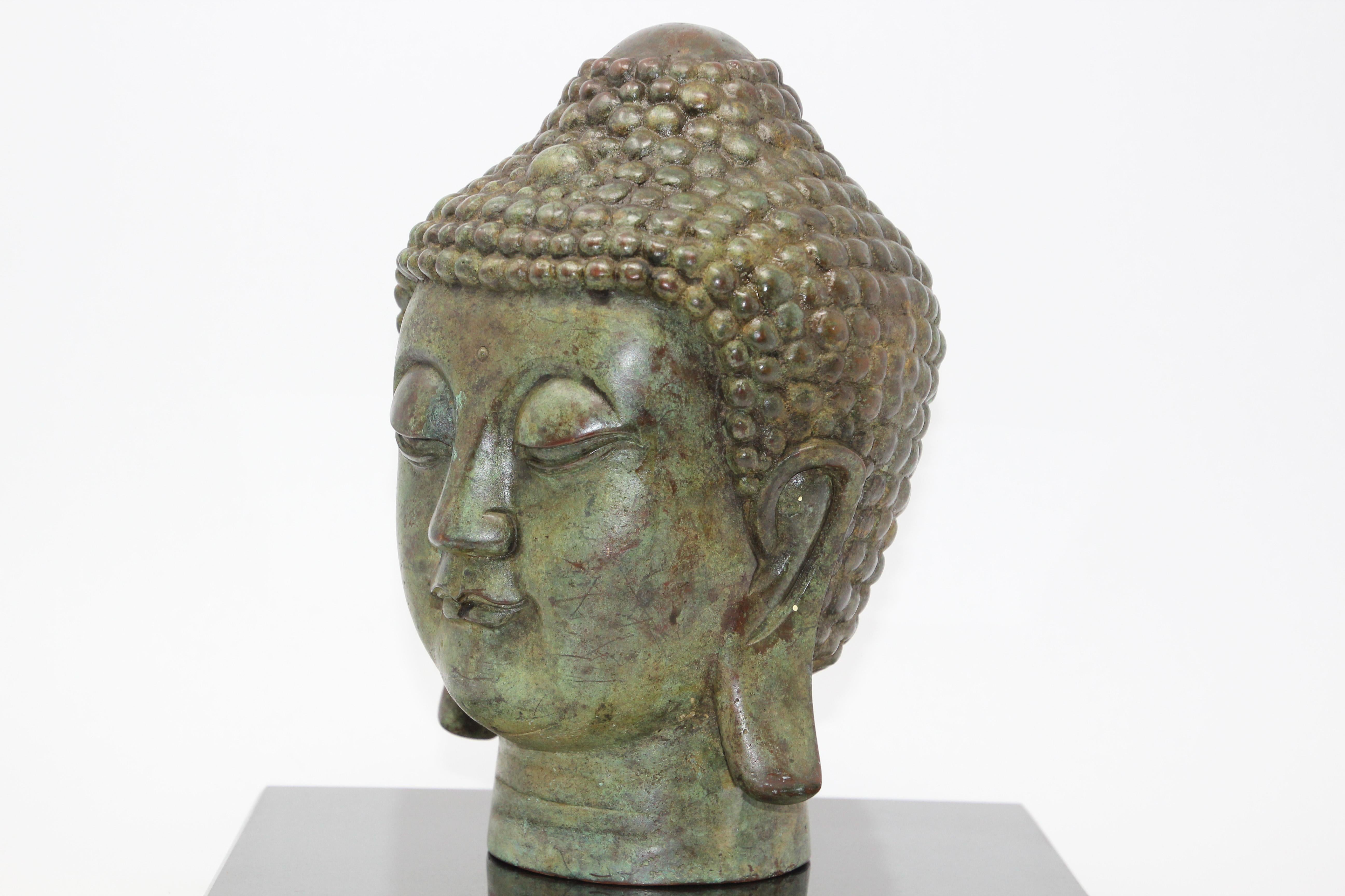 Bronze Buddha Head on Marble Stand In Good Condition In North Hollywood, CA