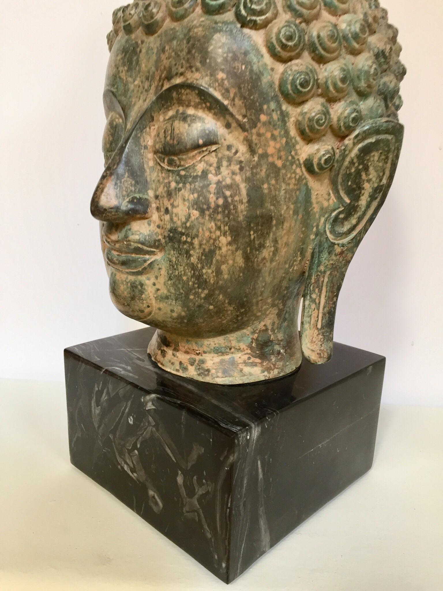 20th Century Bronze Buddha Head on Marble Stand