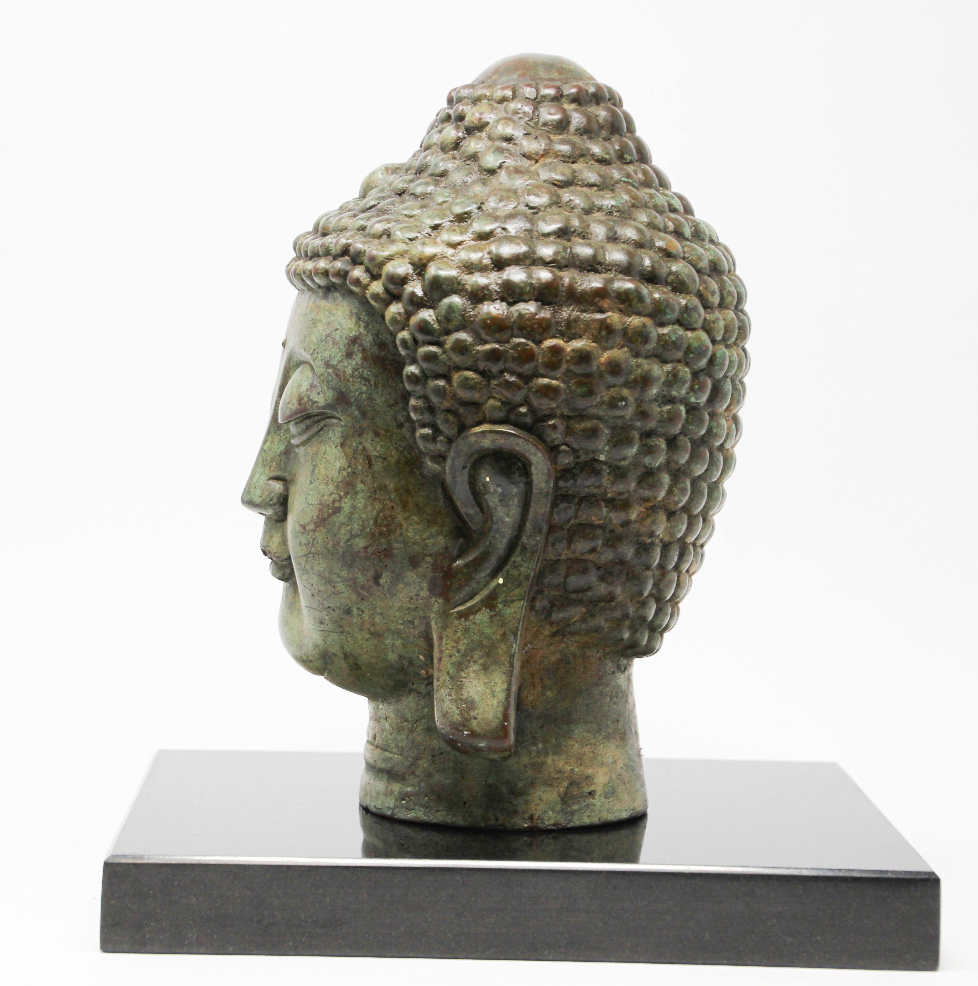 20th Century Bronze Buddha Head on Marble Stand