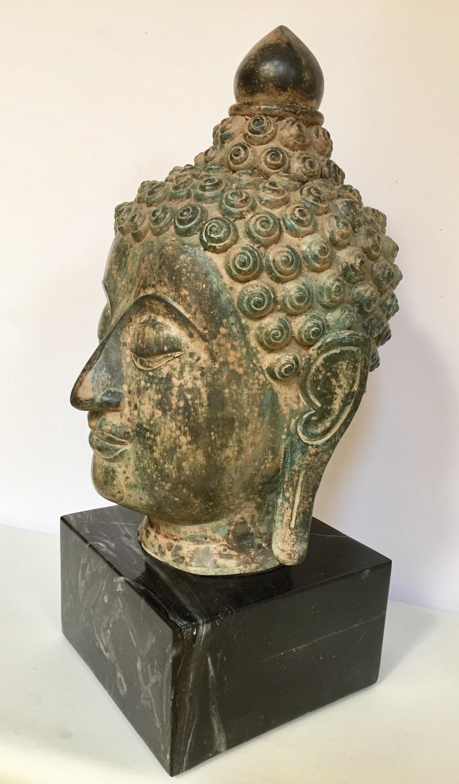 Bronze Buddha Head on Marble Stand 1