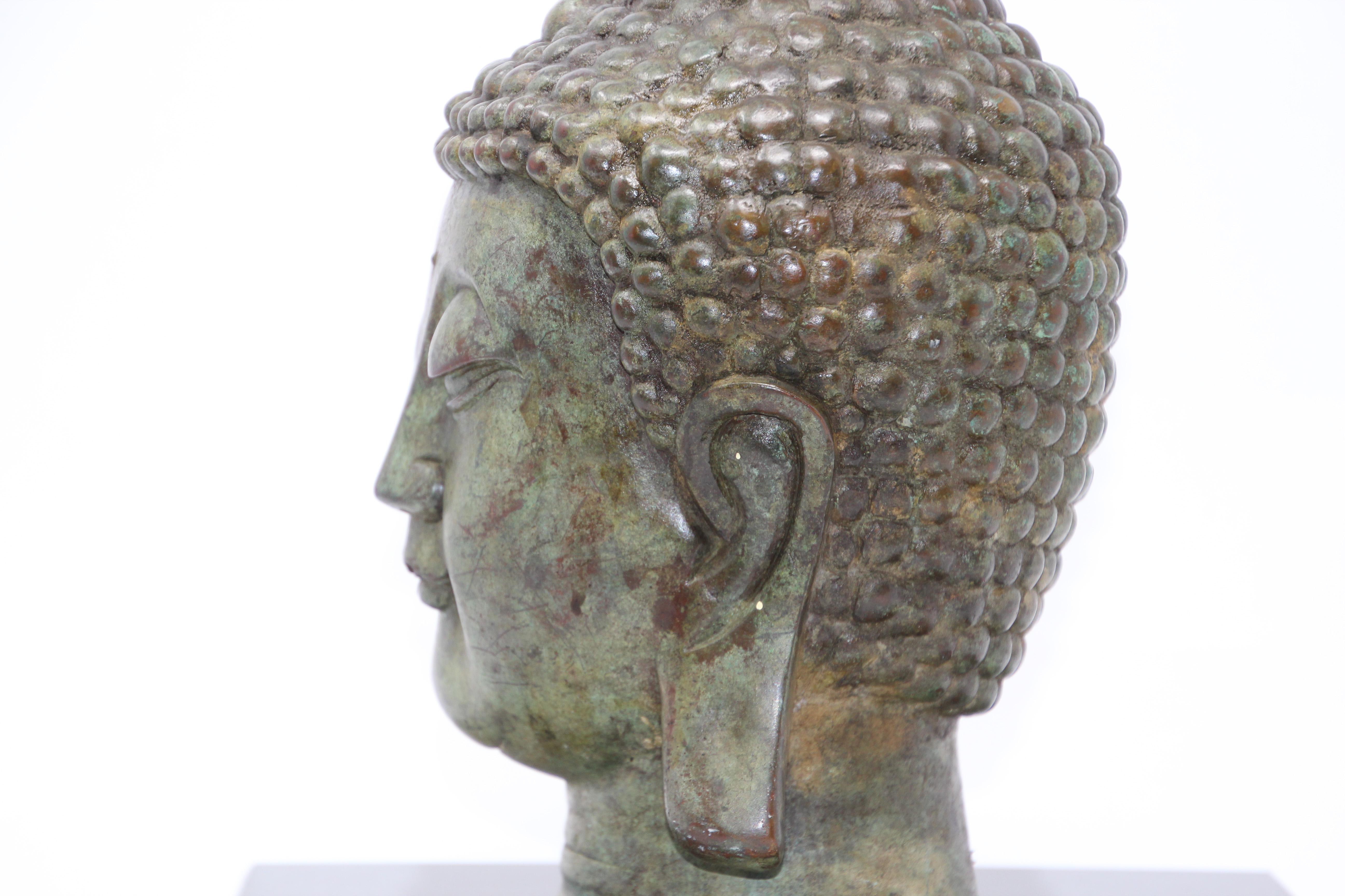 Bronze Buddha Head on Marble Stand 1