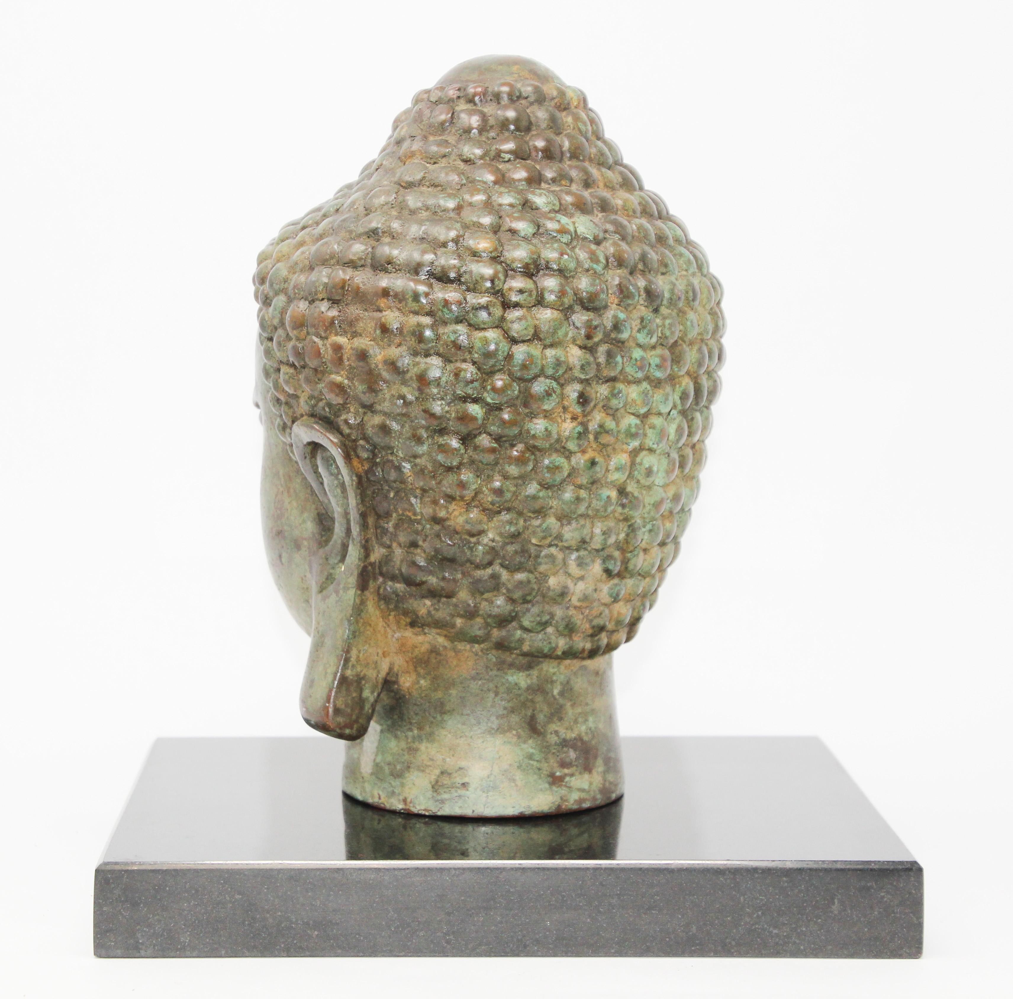 Bronze Buddha Head on Marble Stand 2