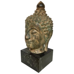 Bronze Buddha Head on Marble Stand
