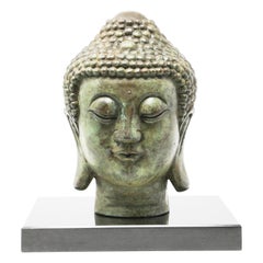 Antique Bronze Buddha Head on Marble Stand