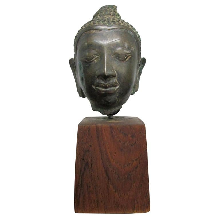 Bronze Buddha Head on Stand For Sale