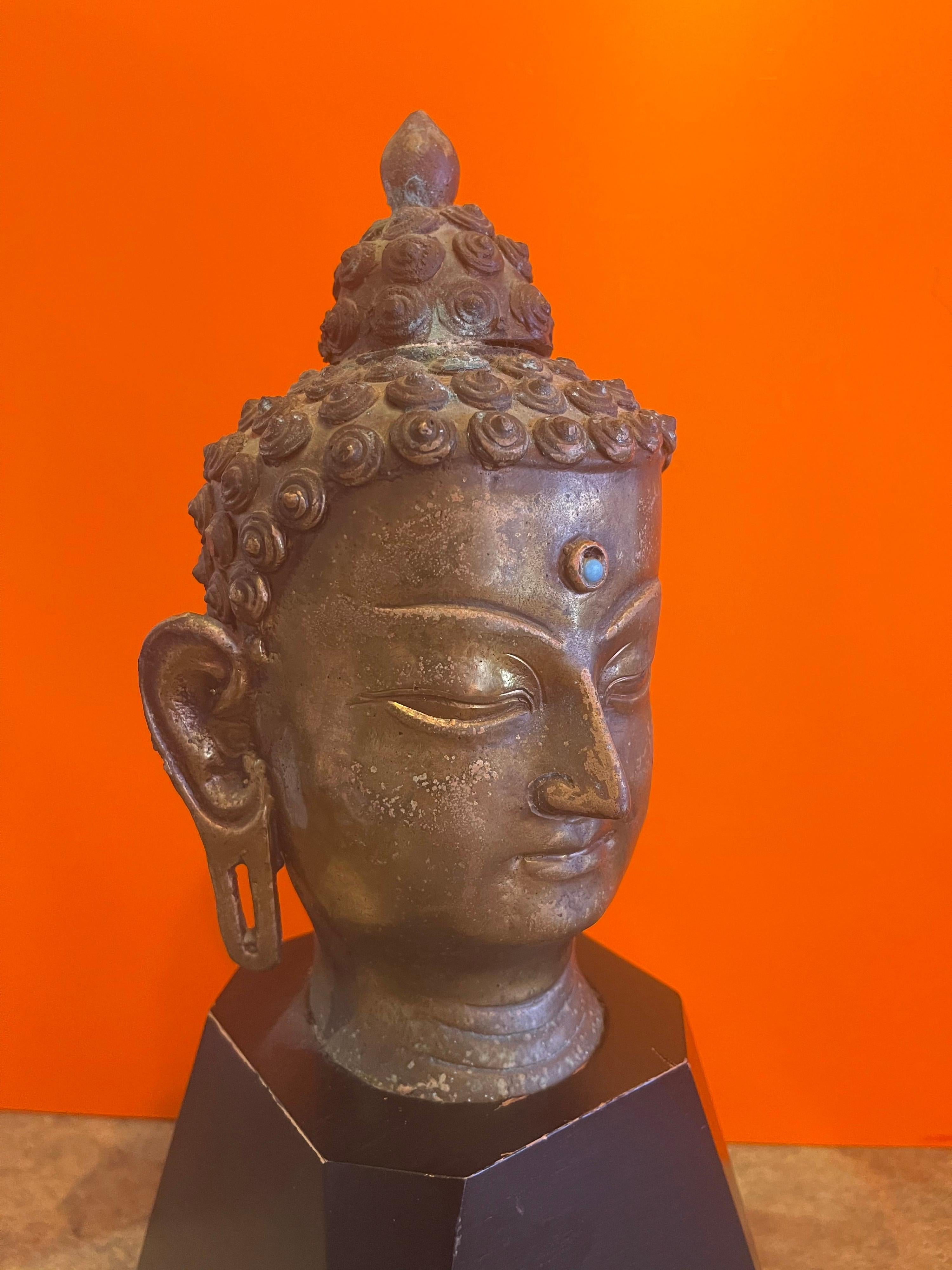 Bronze Buddha Head on Wood Base For Sale 3