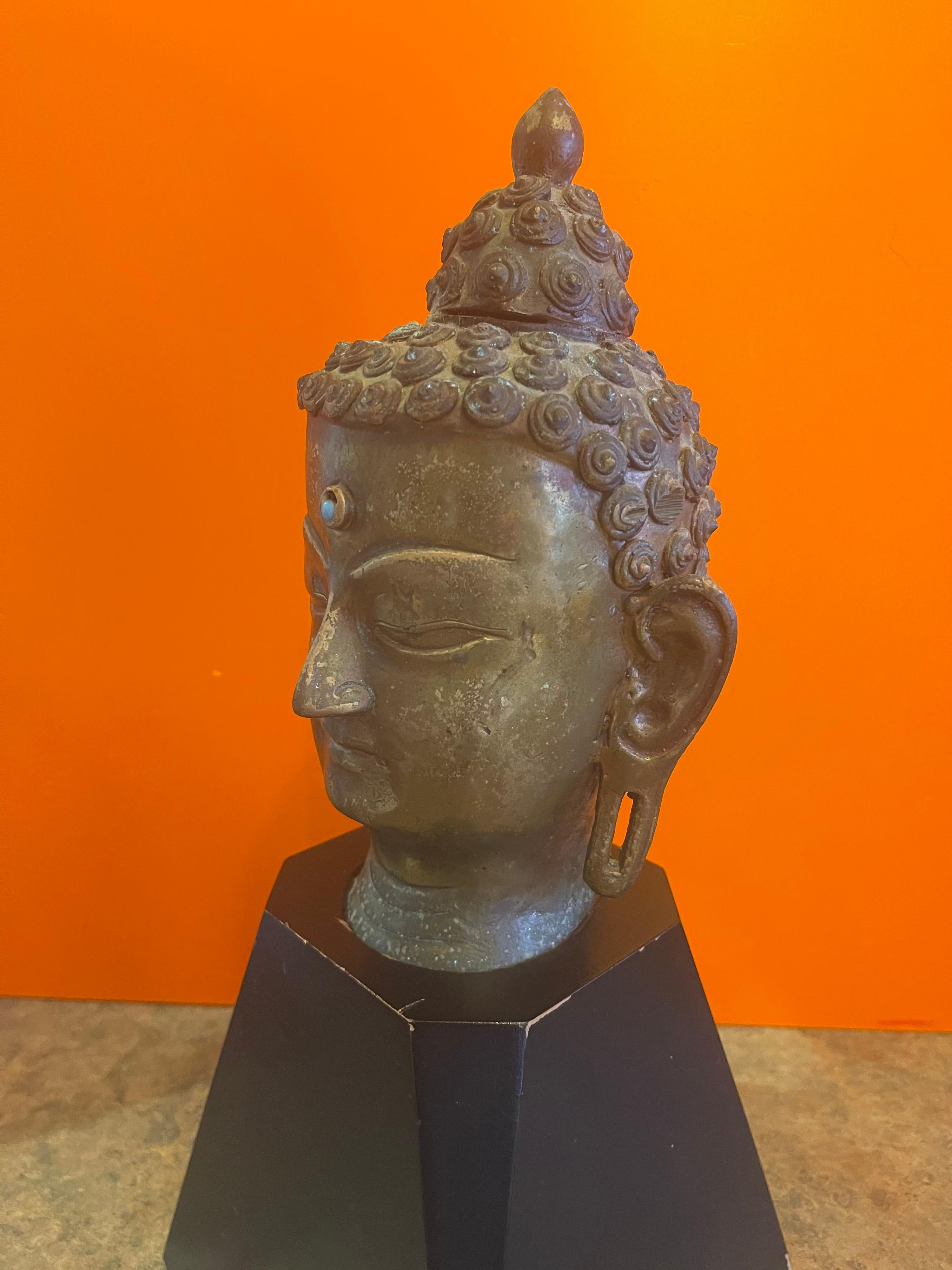 Bronze Buddha Head on Wood Base For Sale 4