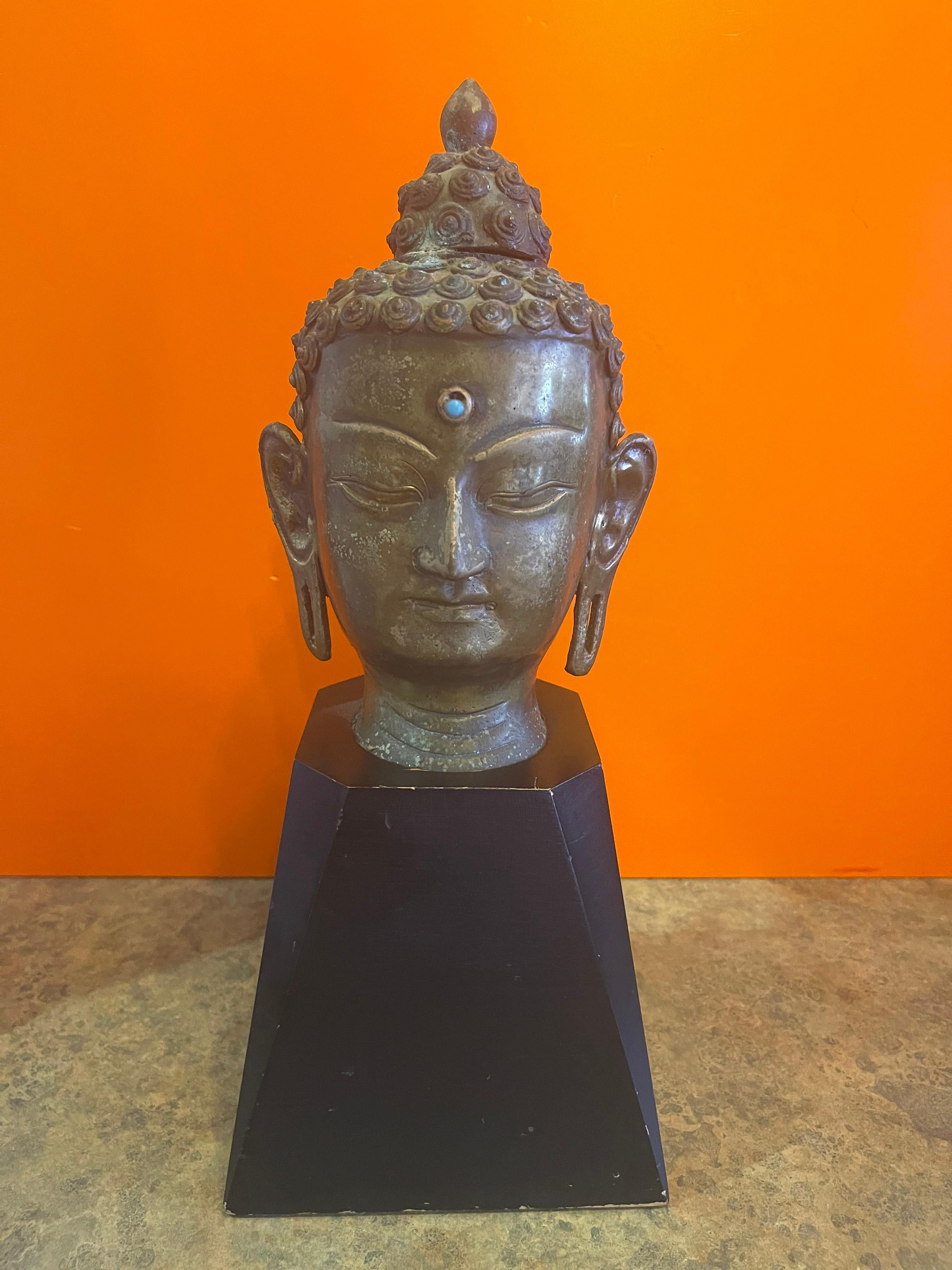 Bronze Buddha Head on Wood Base For Sale 5
