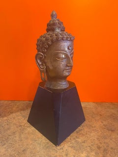 Bronze Buddha Head on Wood Base
