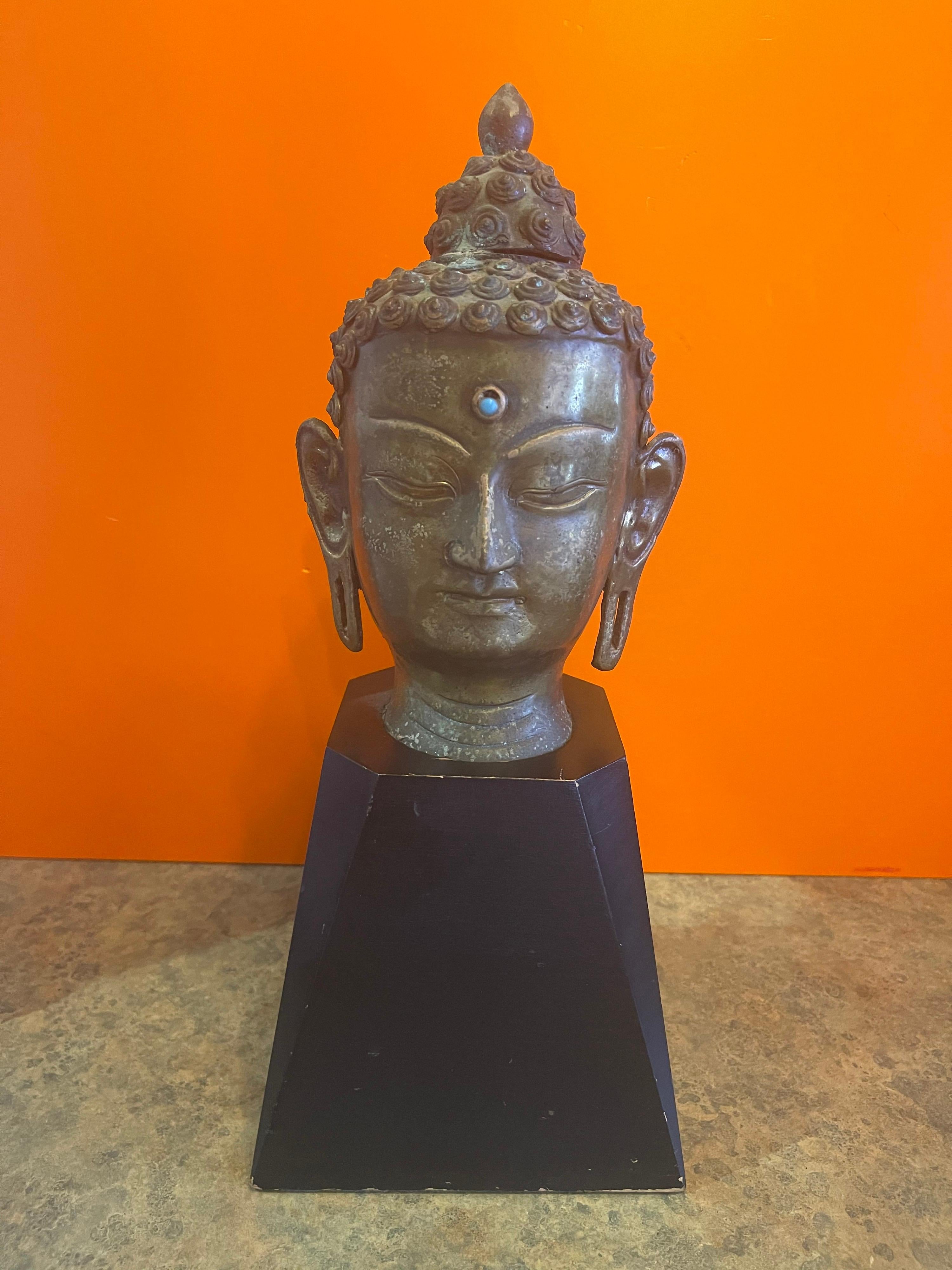 Mid-Century Modern Bronze Buddha Head on Wood Base For Sale