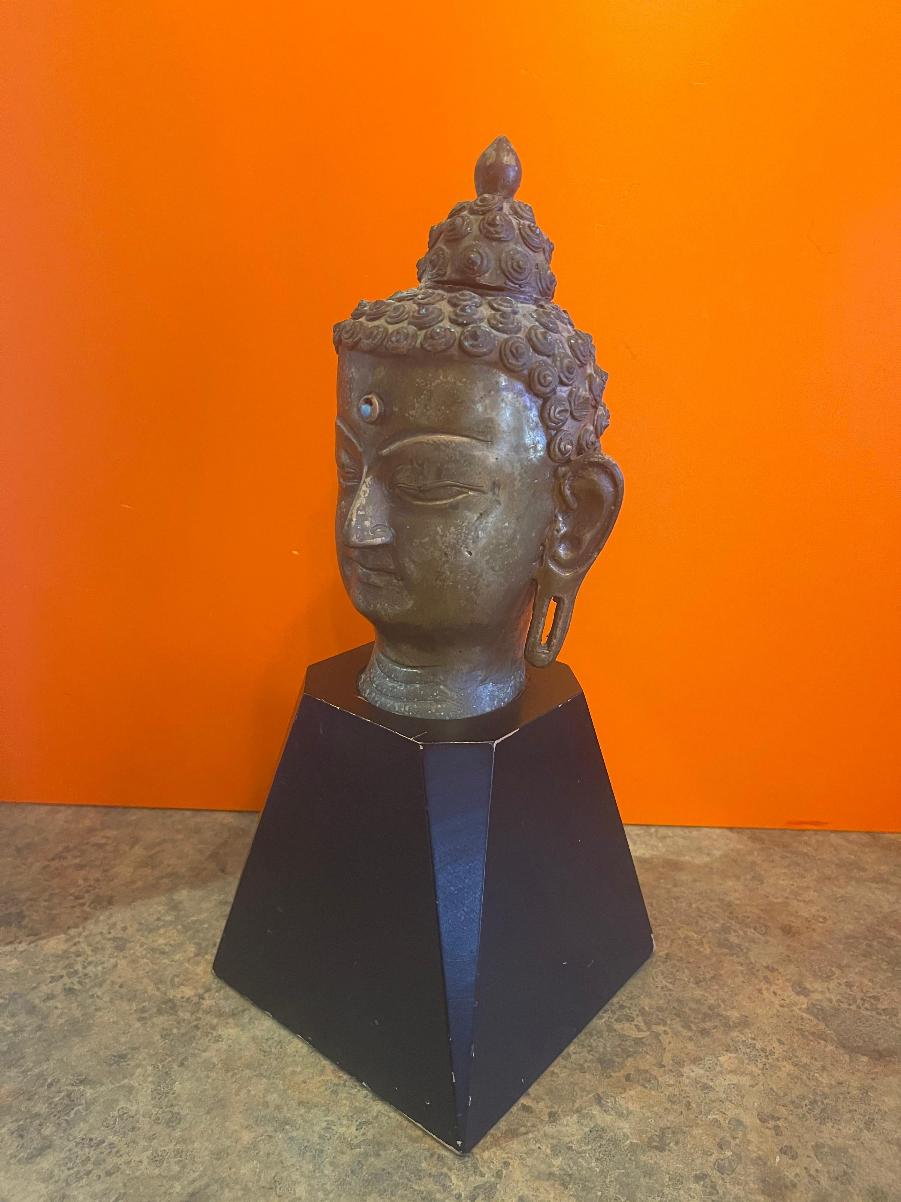 American Bronze Buddha Head on Wood Base For Sale