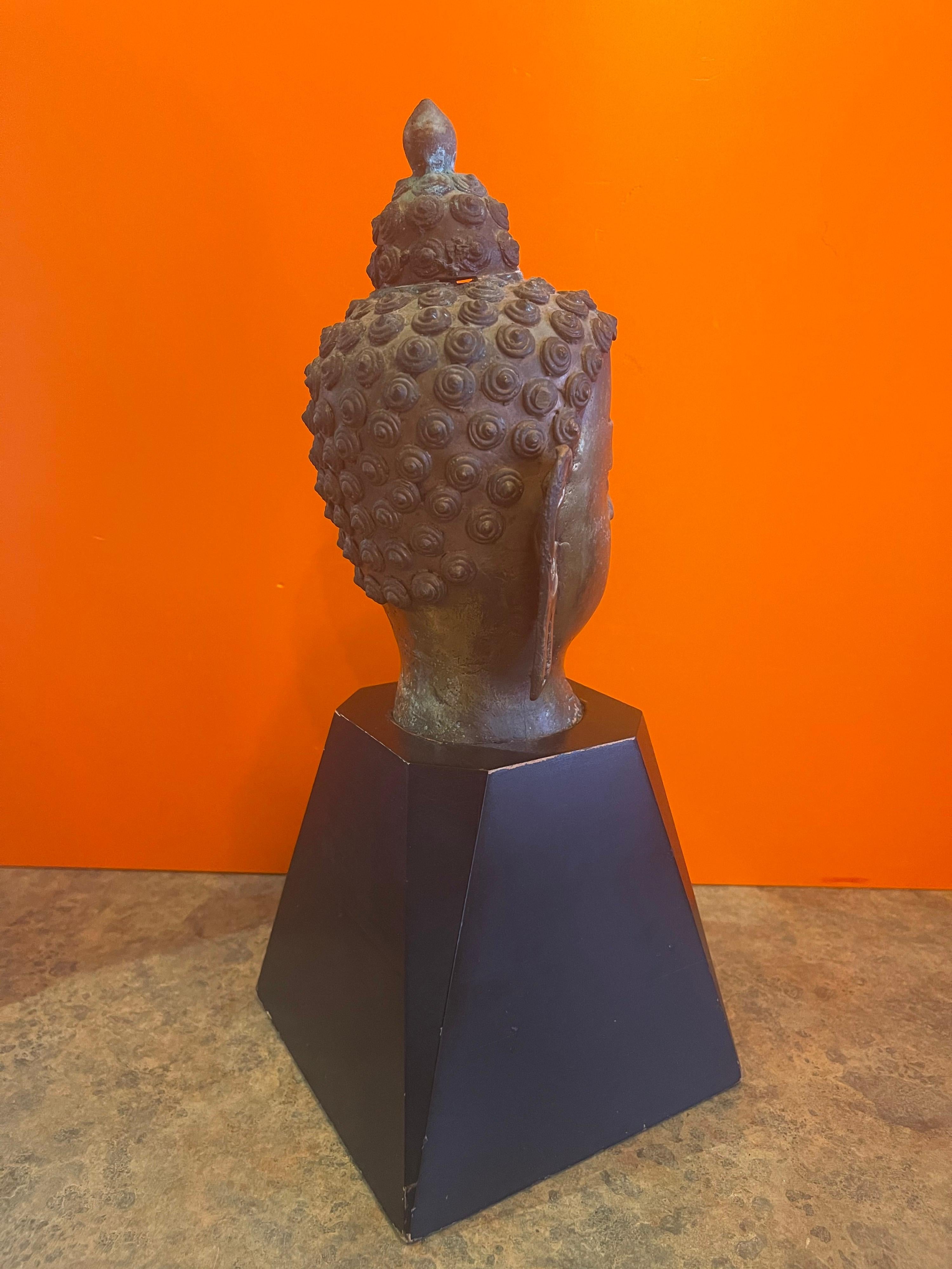 Bronze Buddha Head on Wood Base For Sale 1