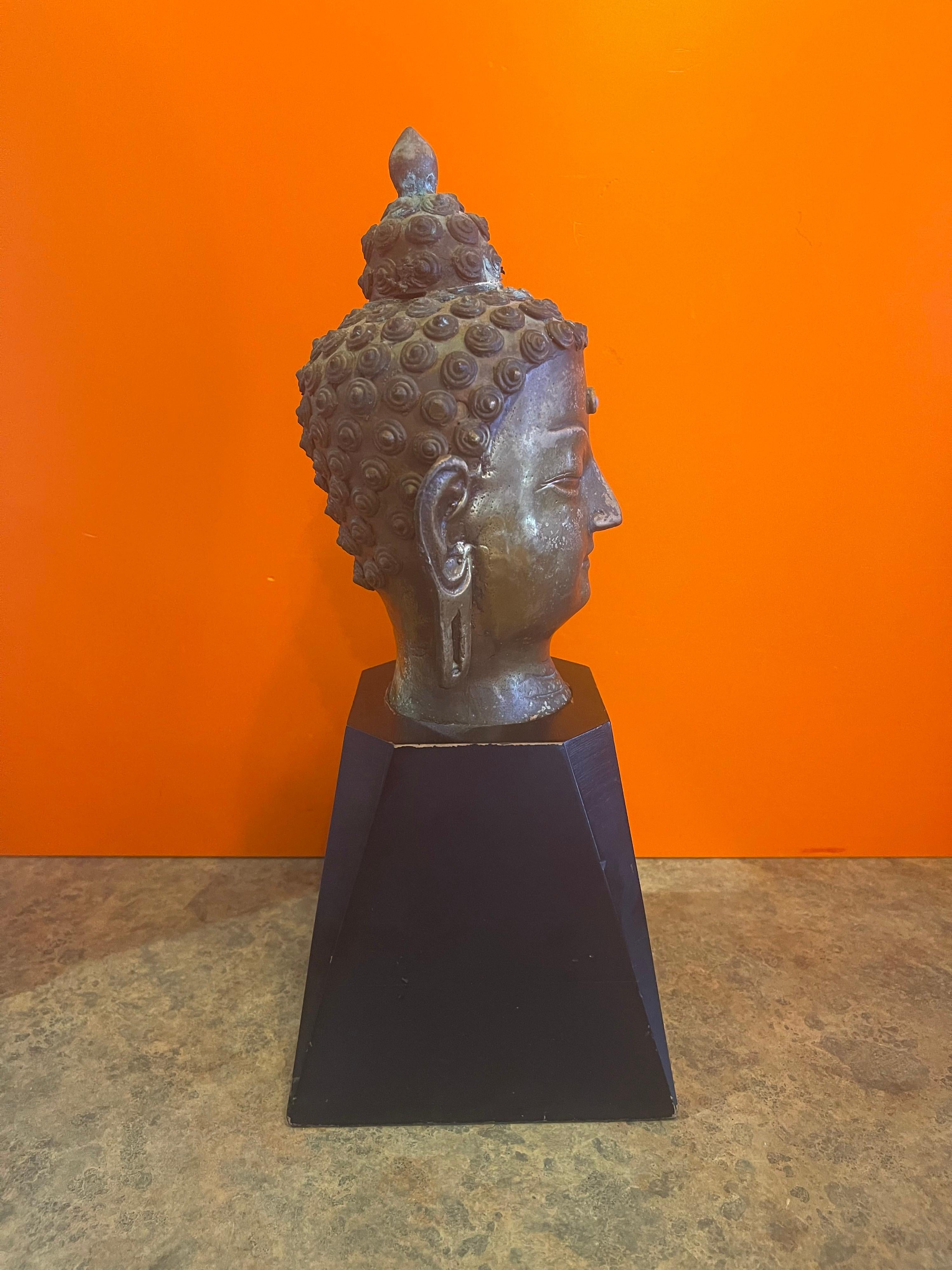 Bronze Buddha Head on Wood Base For Sale 2