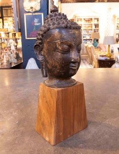 Bronze Buddha Head Sculpture on Wooden Base, Asian Style, 1950