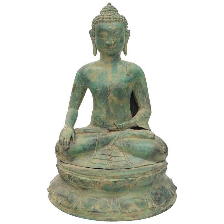 Bronze Buddha Sculpture Green Patina For Sale at 1stDibs