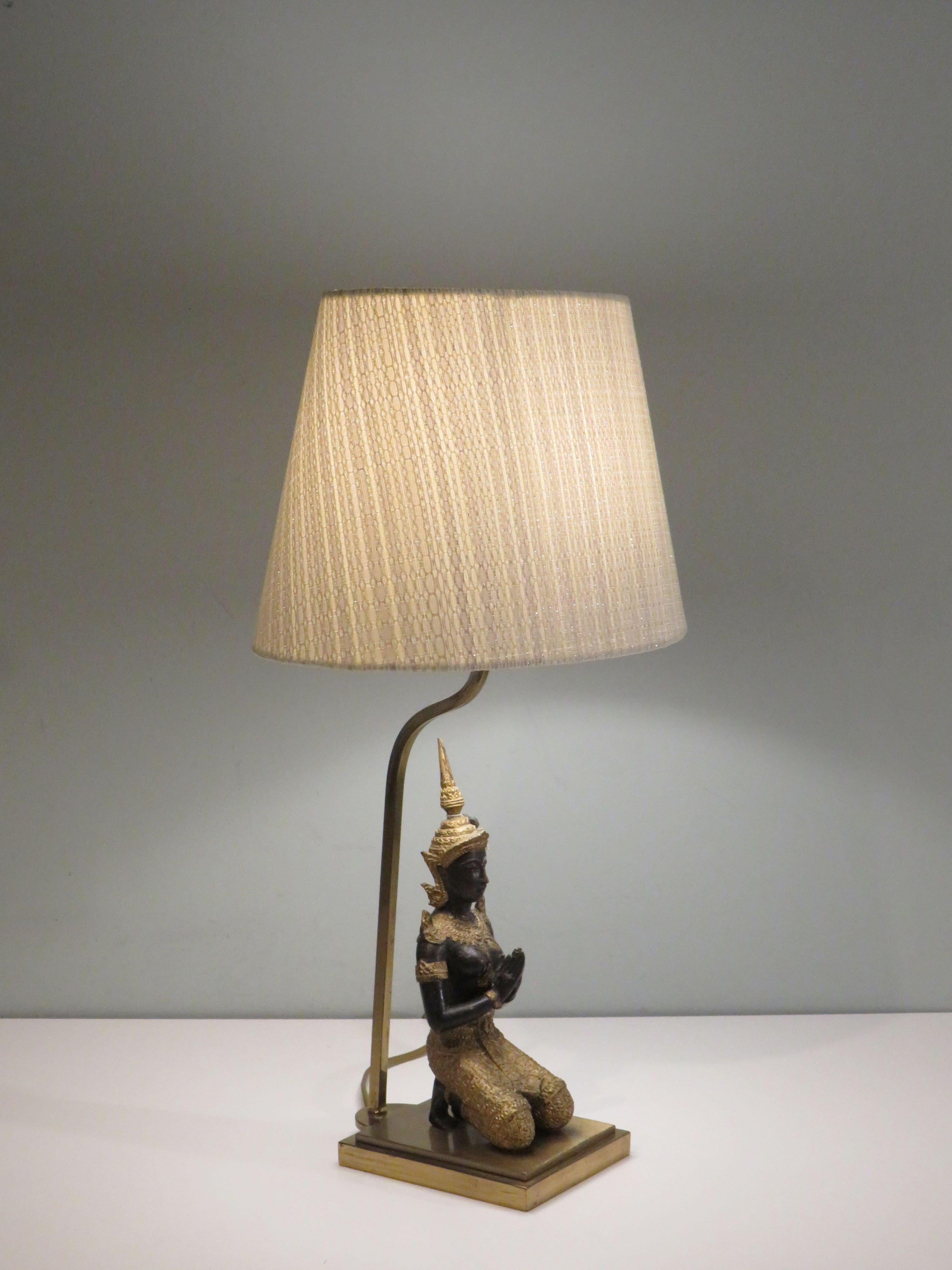 Hollywood Regency Bronze Buddha table lamp with oval lampshade, 1960-1970 For Sale