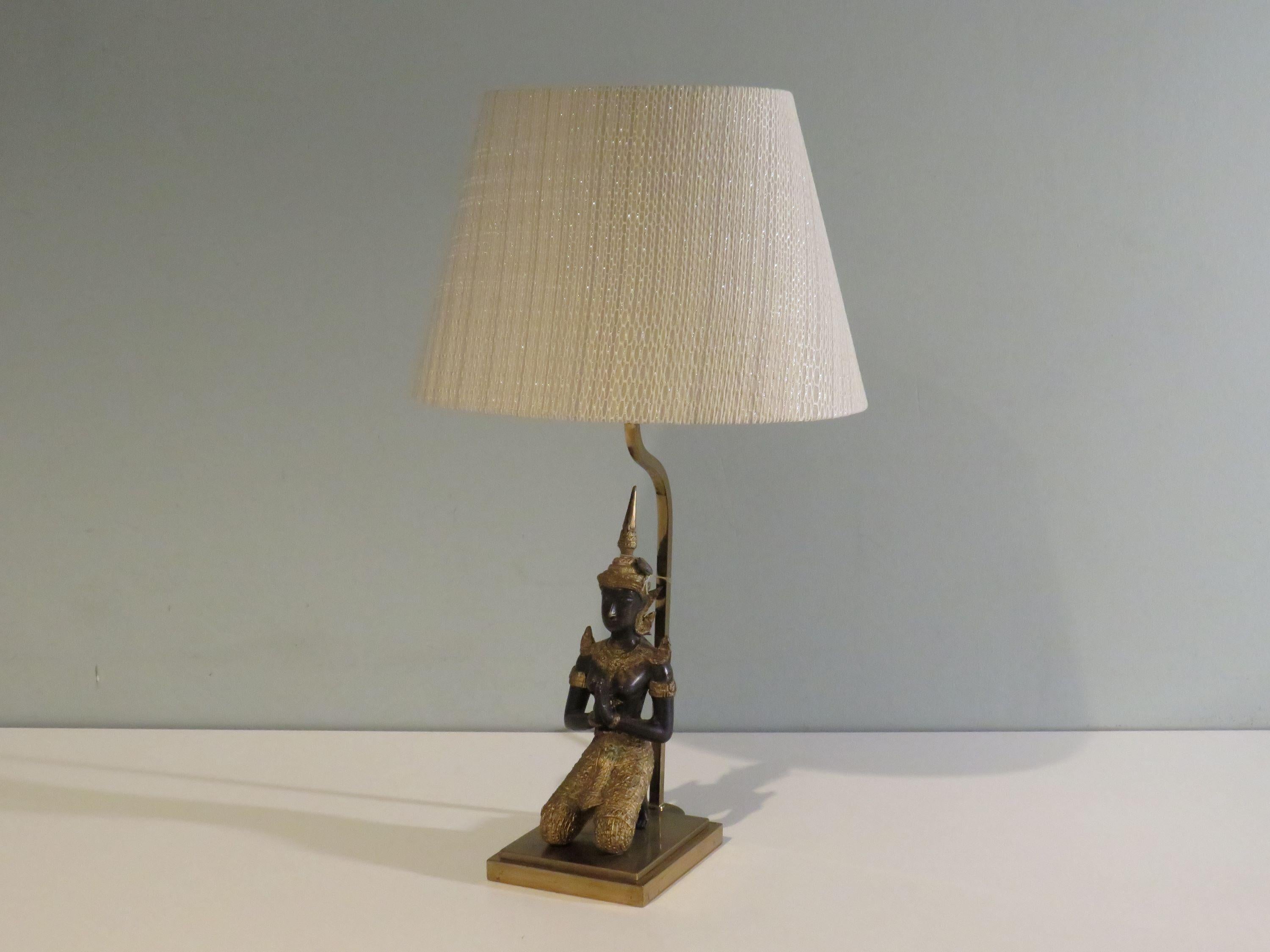French Bronze Buddha table lamp with oval lampshade, 1960-1970 For Sale