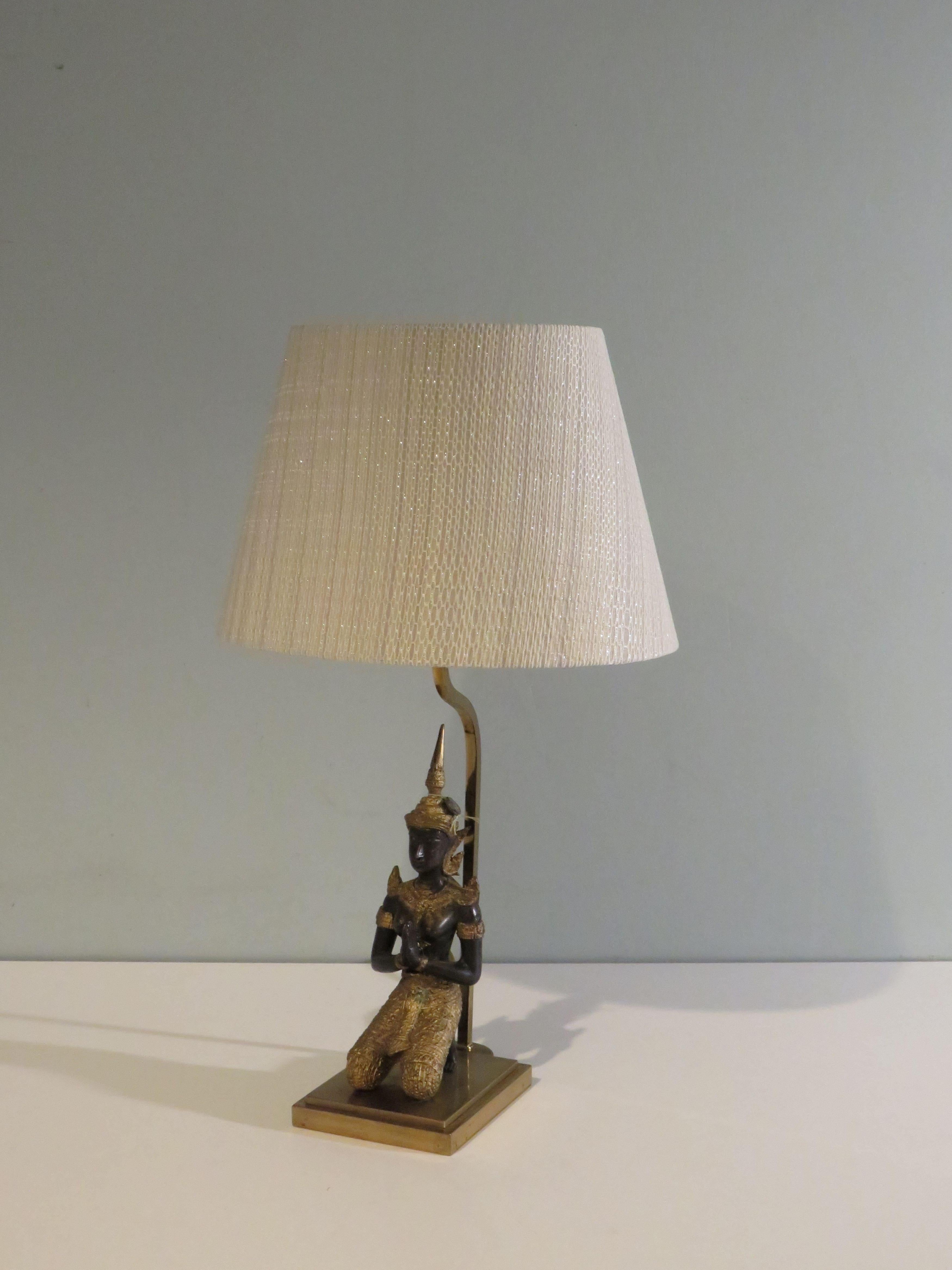 Gilt Bronze Buddha table lamp with oval lampshade, 1960-1970 For Sale